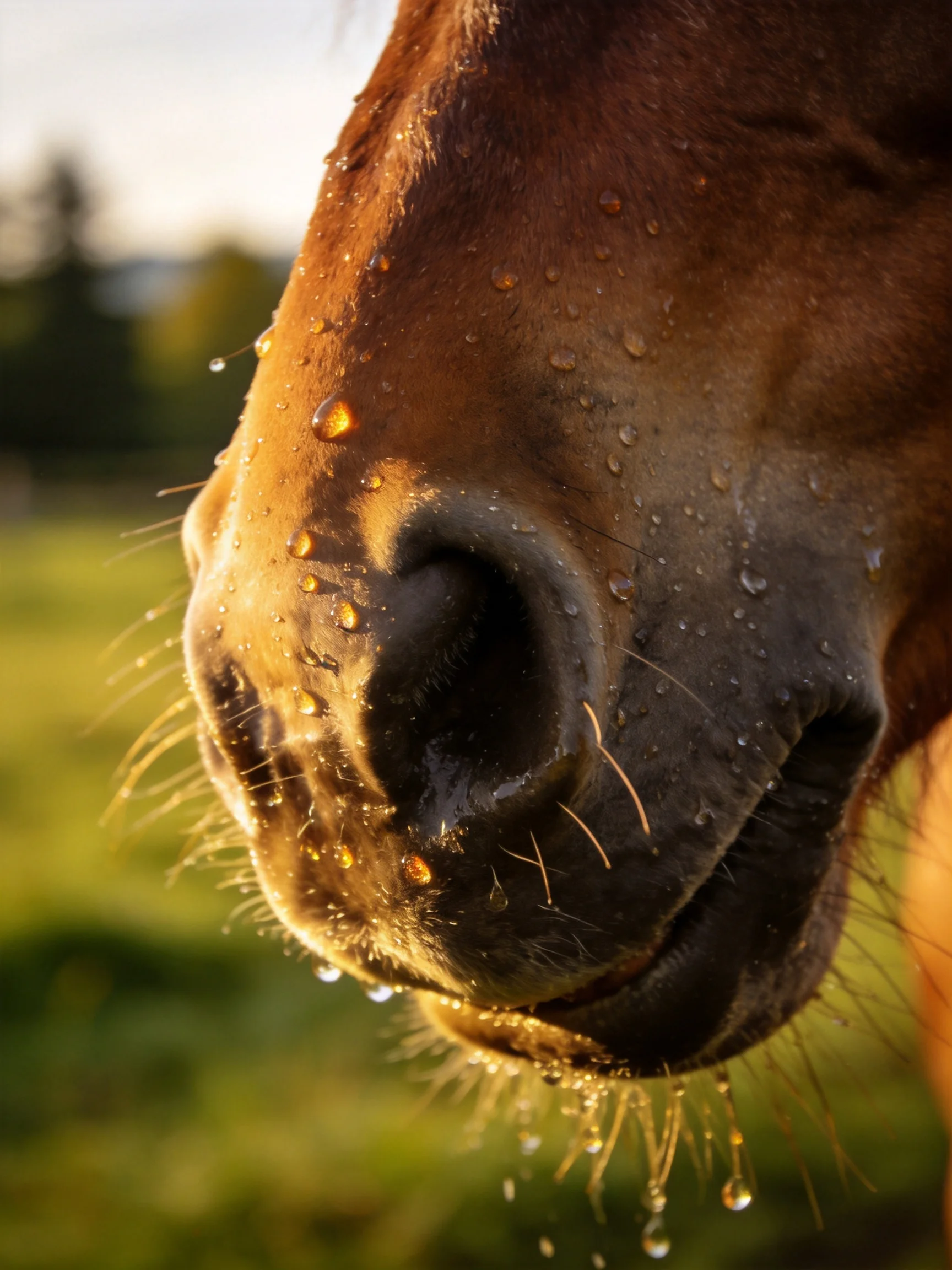 Close - up of a brown horse’s nose with glistening water droplets