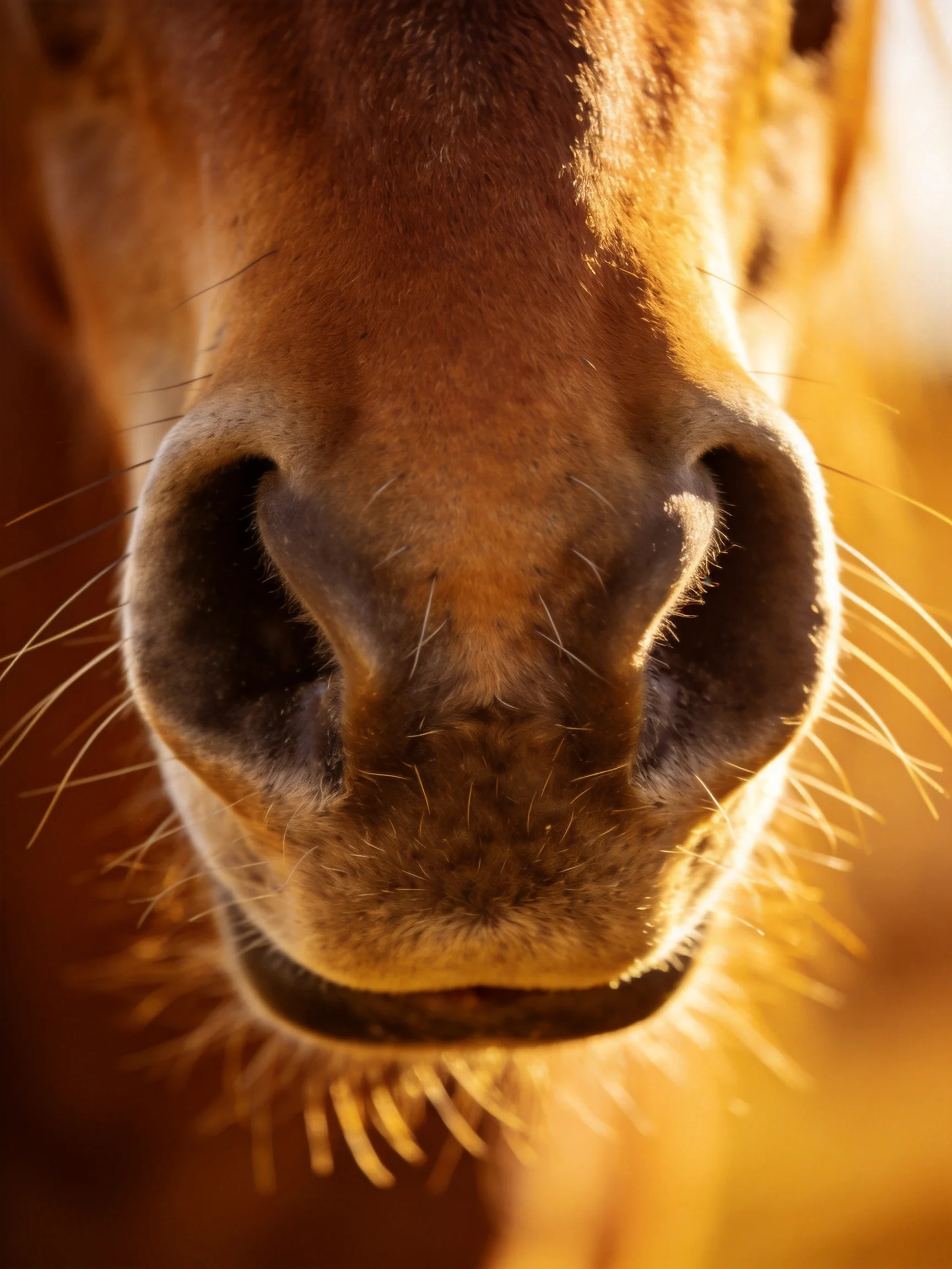 Close - up of a brown horse’s nose with golden lighting