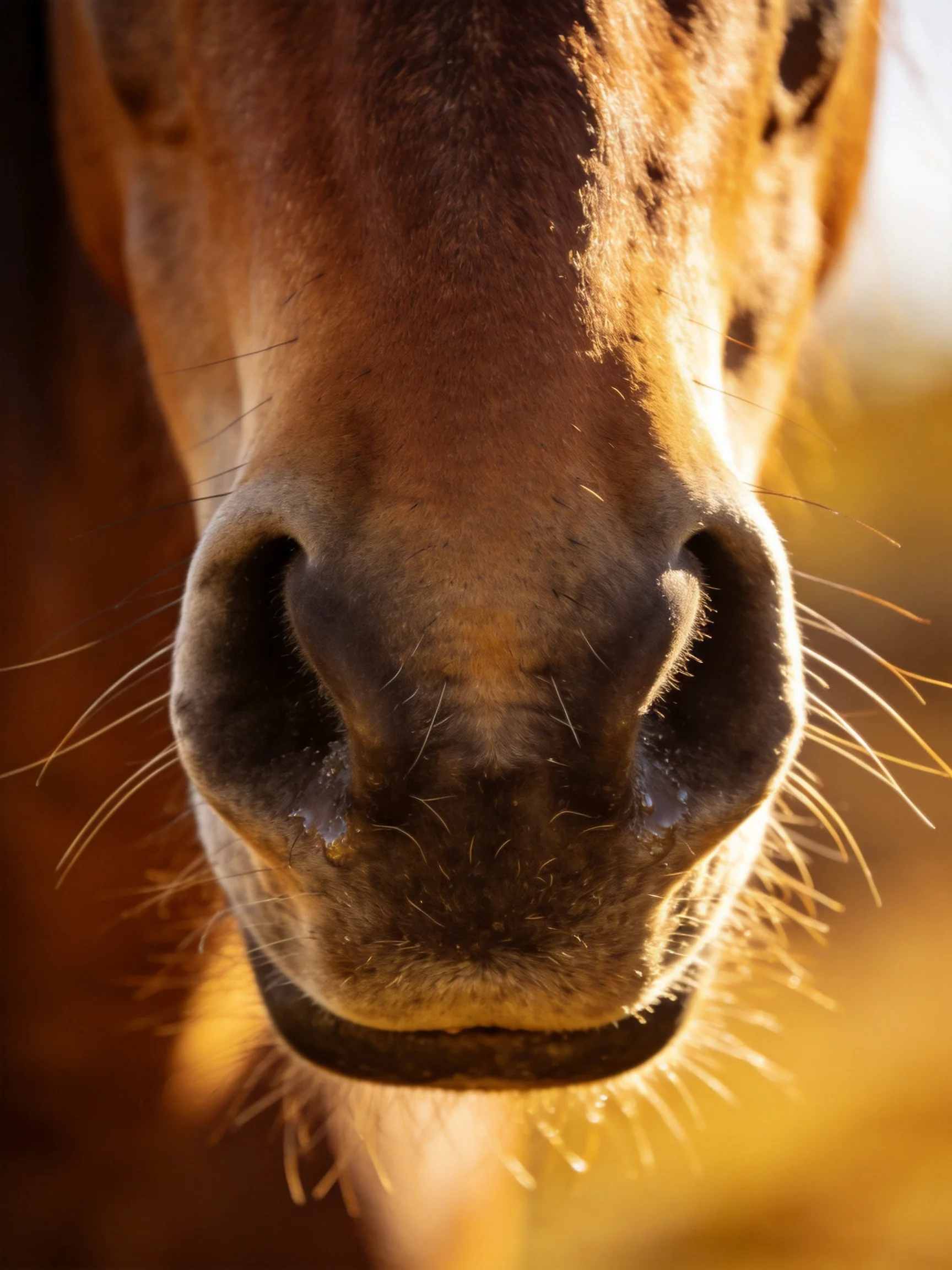 Close - up of a brown horse’s nose with prominent whiskers