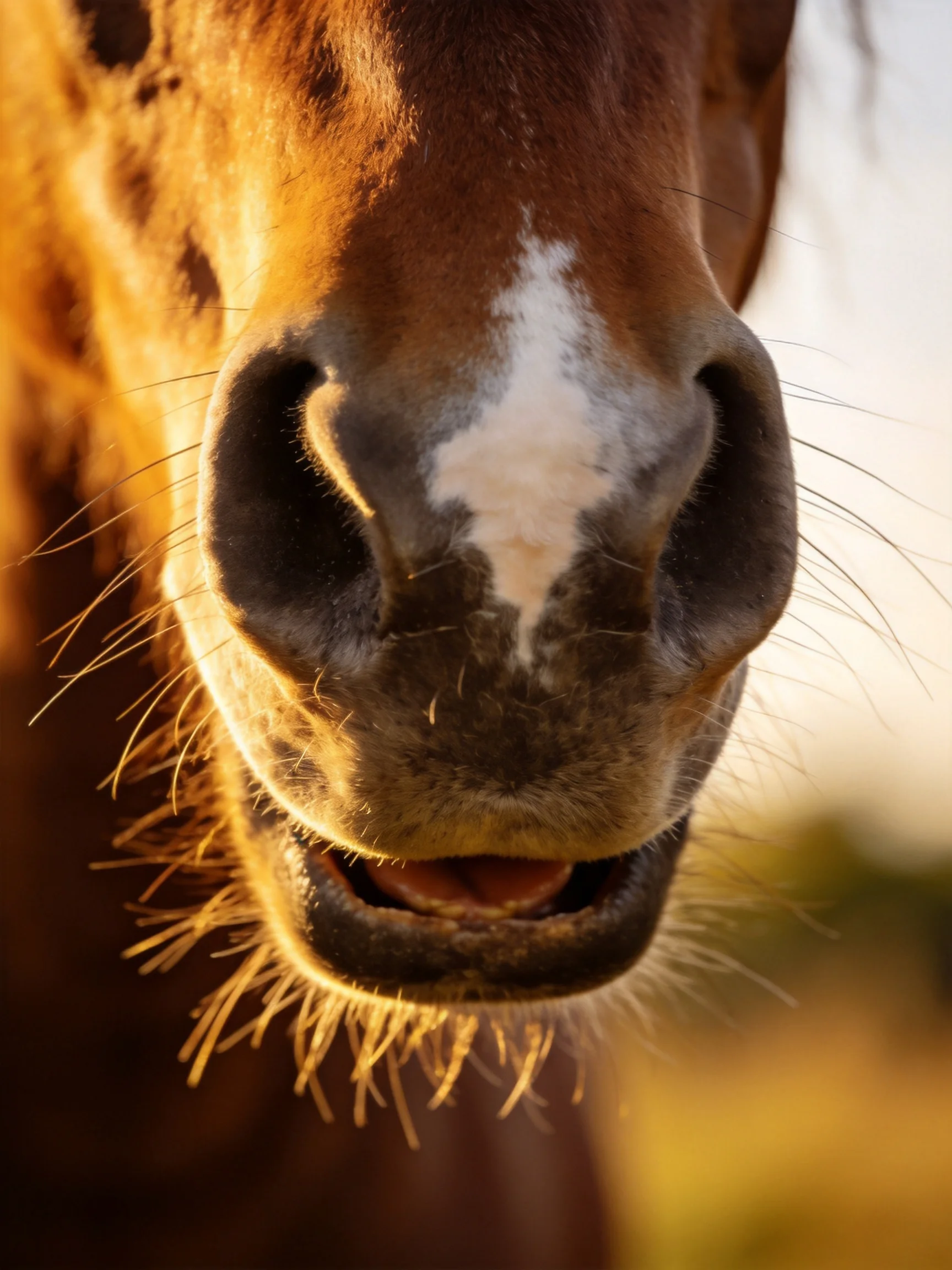 Close - up of a brown horse’s nose with white marking and warm sunlight