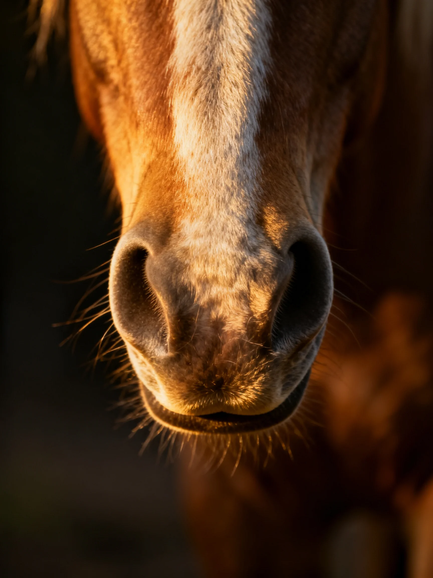 Close - up of a brown horse’s nose with white stripe and warm golden lighting