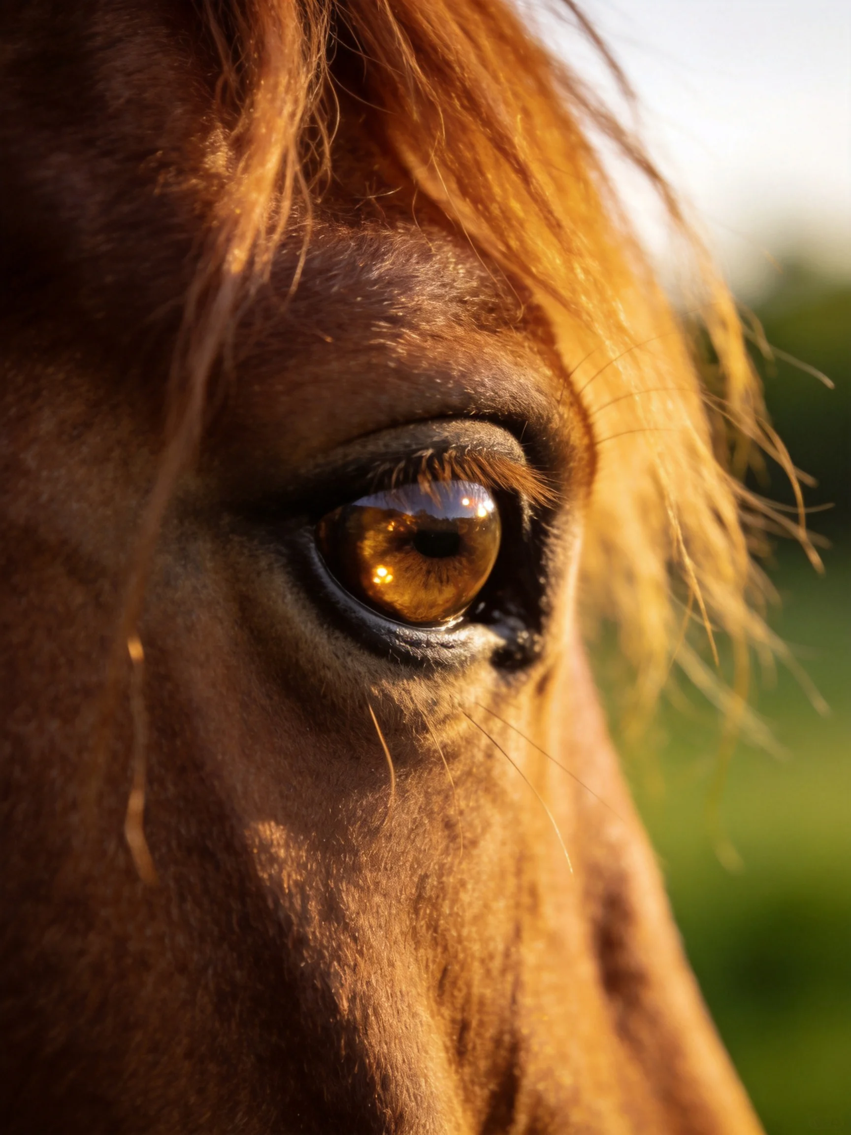 Close - up of a brown horses amber eye with golden mane