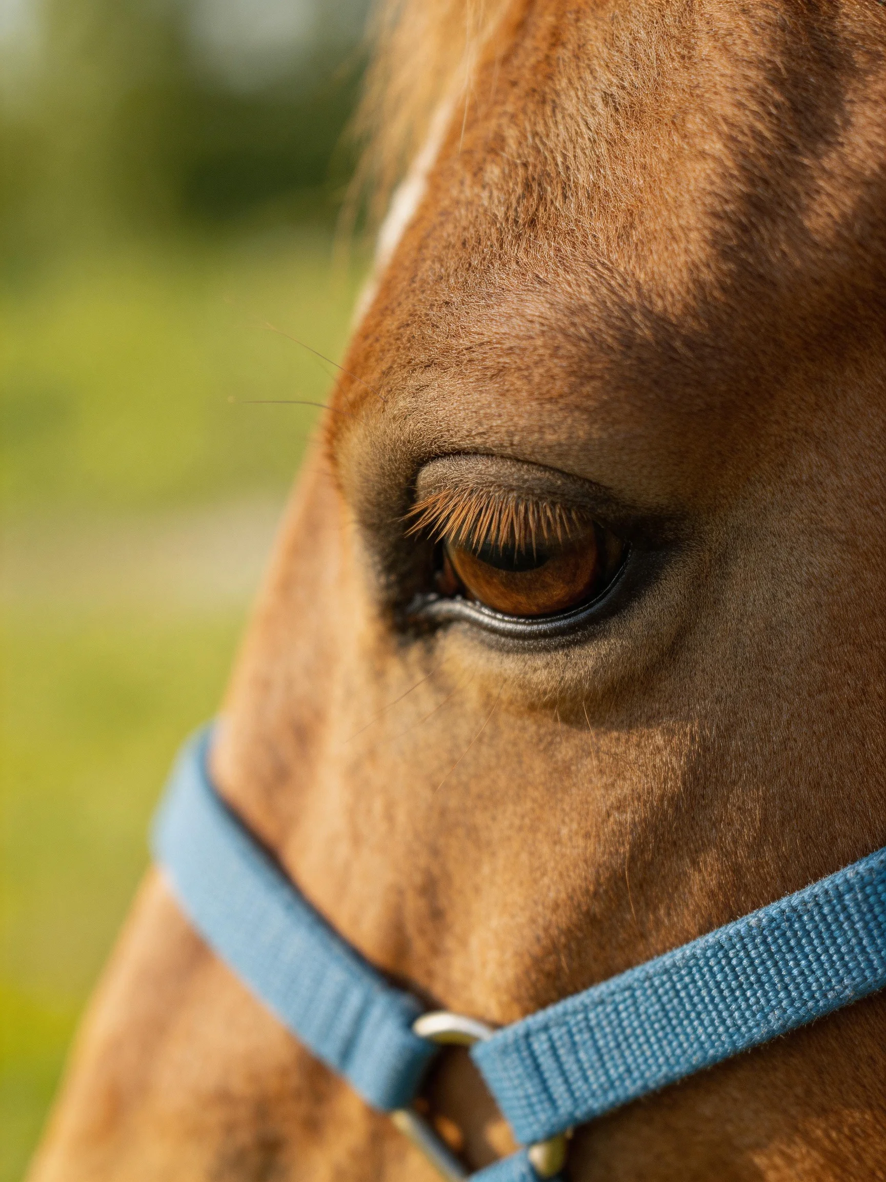 Close - up of a brown horses eye with a blue halter
