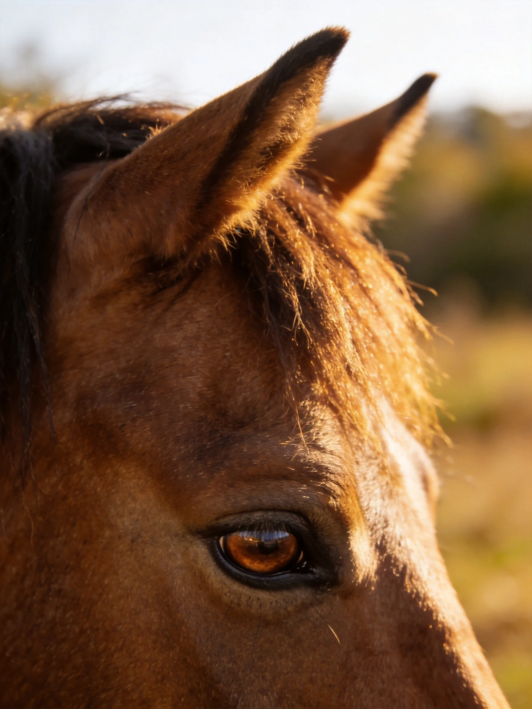Close - up of a brown horses head with alert ears