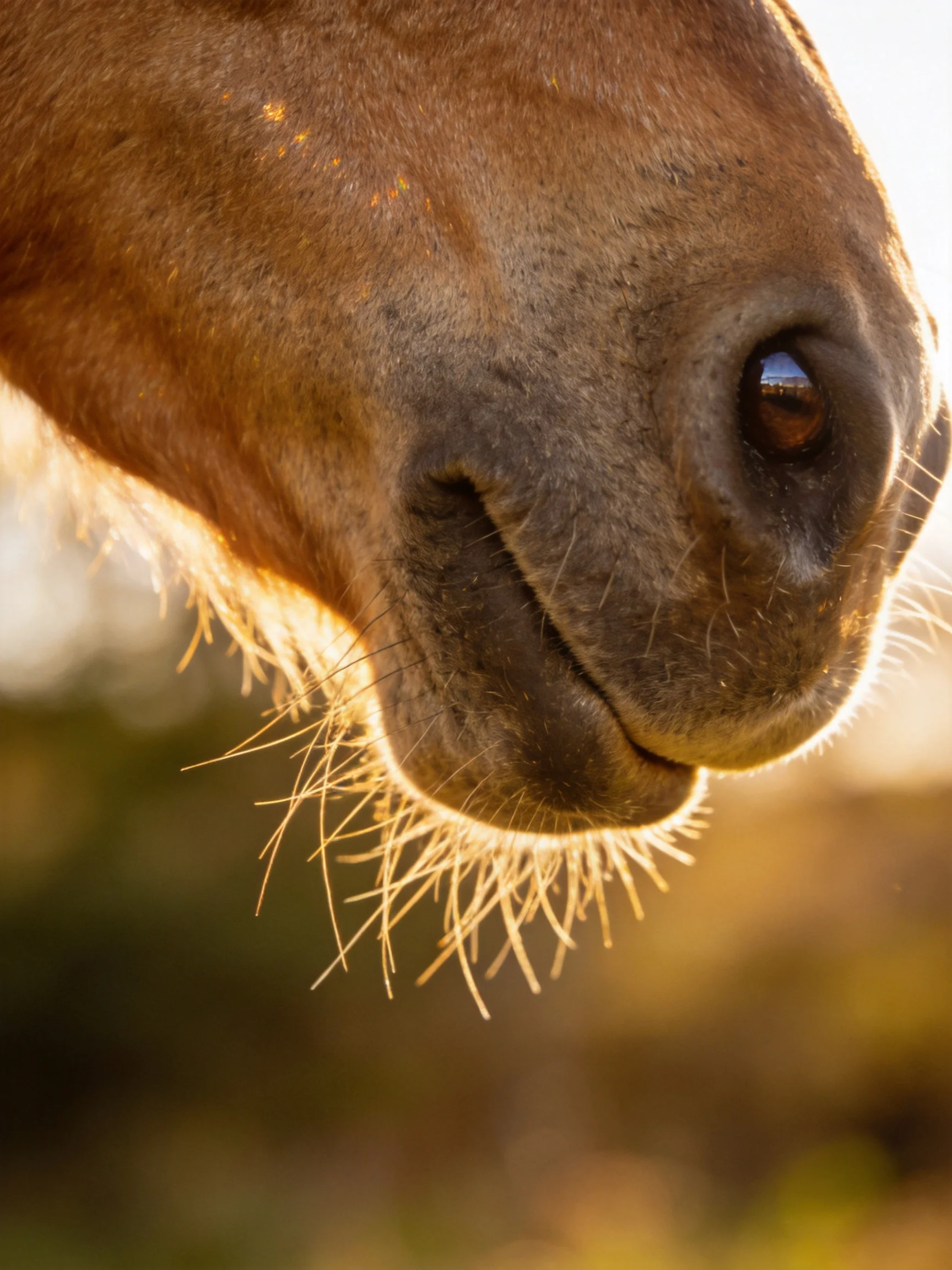 Close - up of a brown horses muzzle with golden whisker illumination