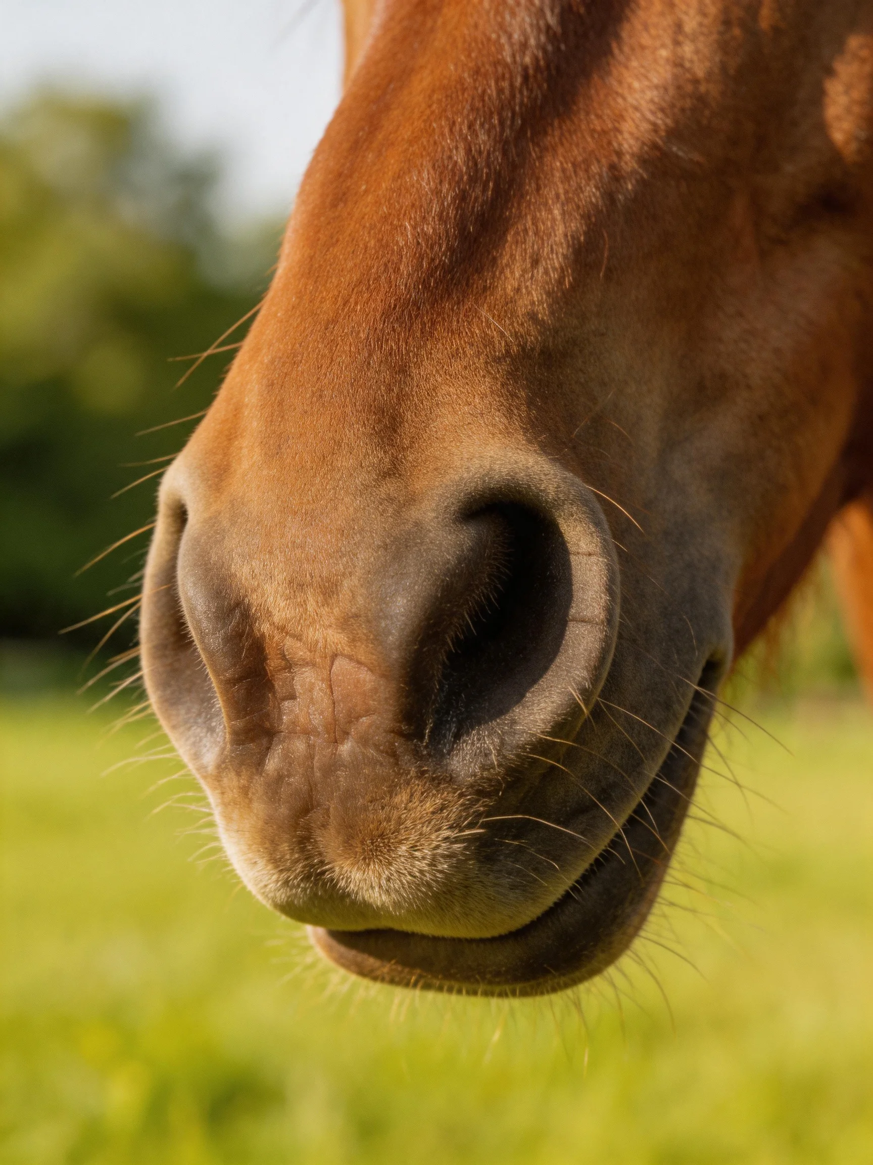 Close - up of a brown horses nose with blurred green landscape