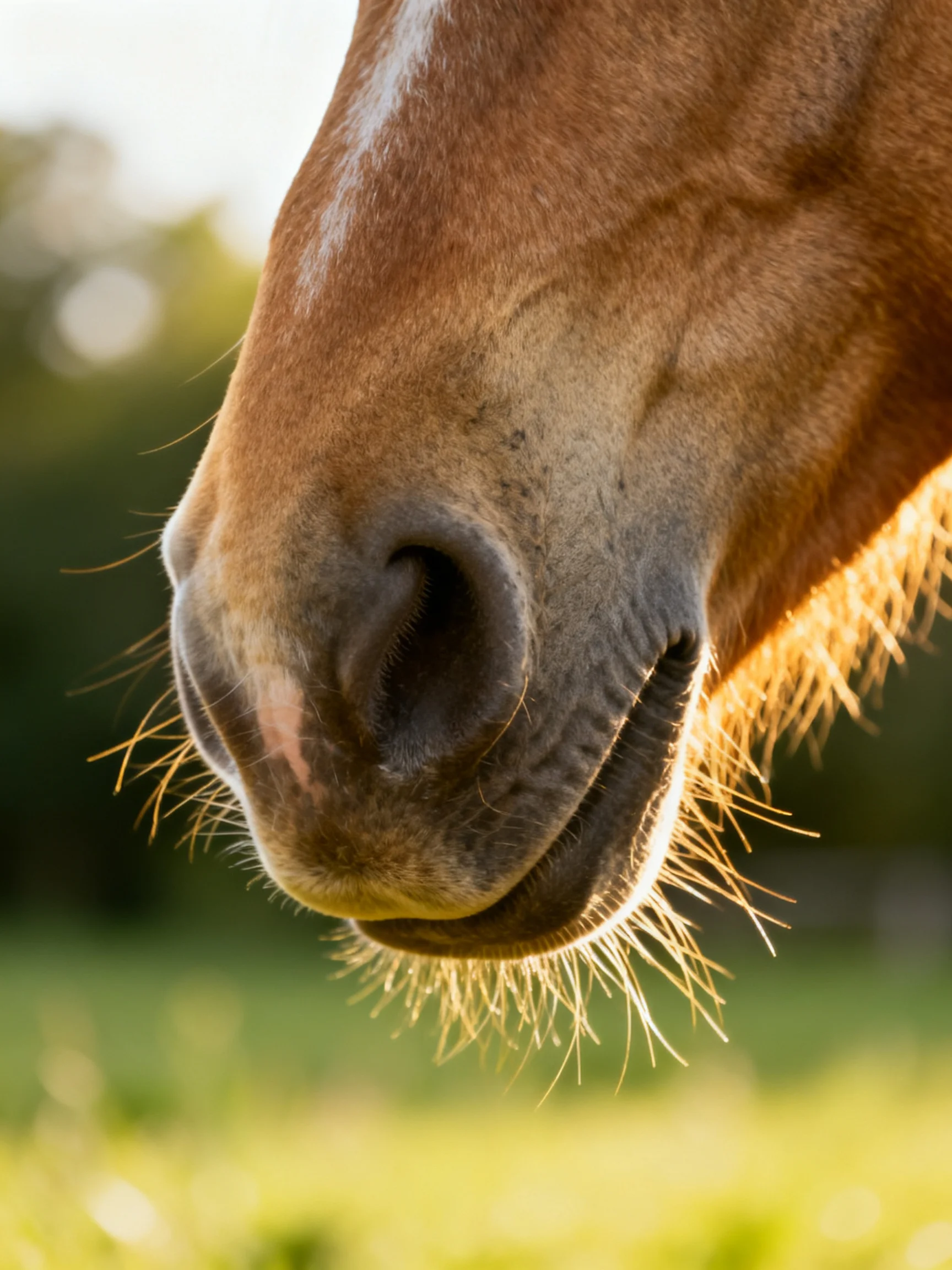 Close - up of a brown horses nose with golden sunlight