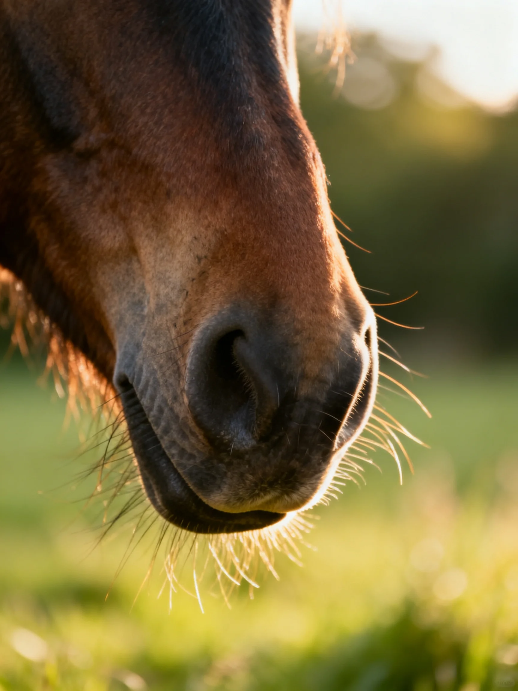Close - up of a brown horses nose with golden sunlight filtering through