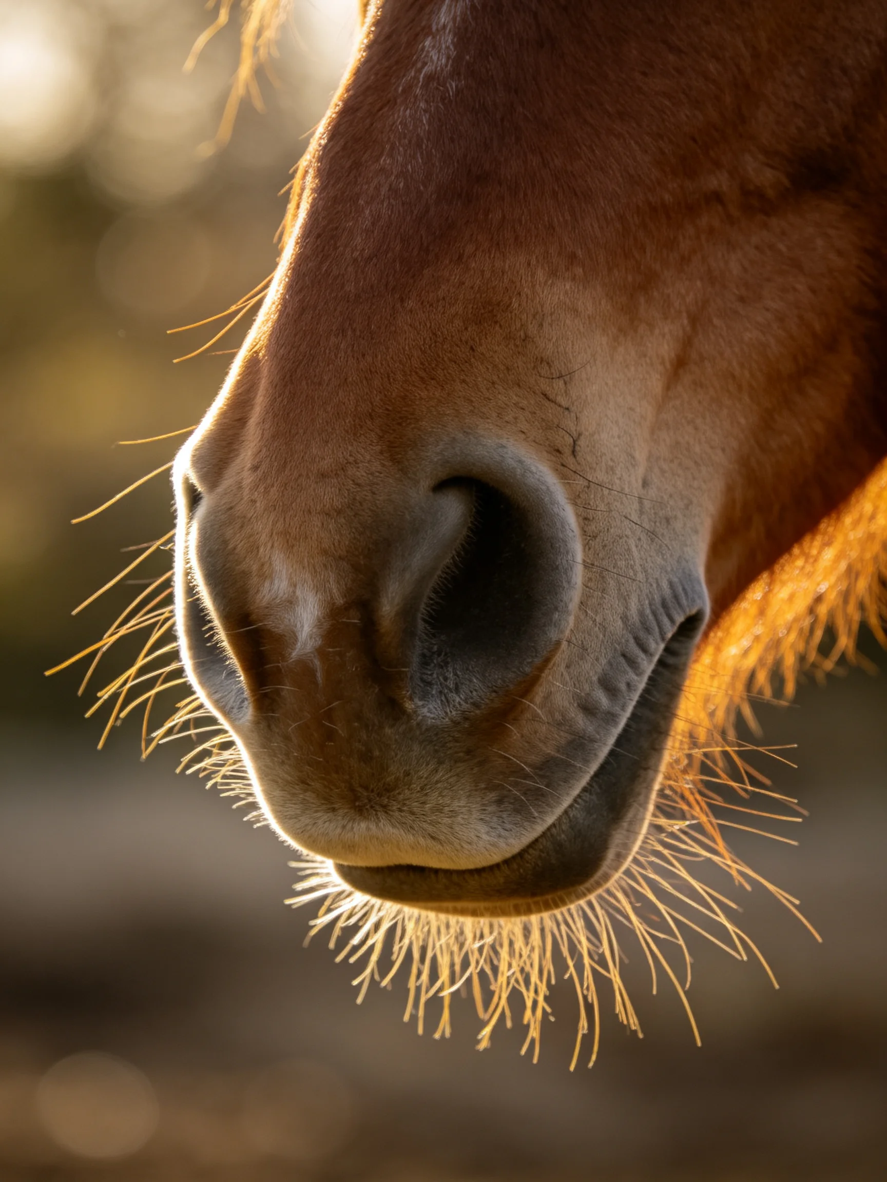 Close - up of a brown horses nose with golden whiskers