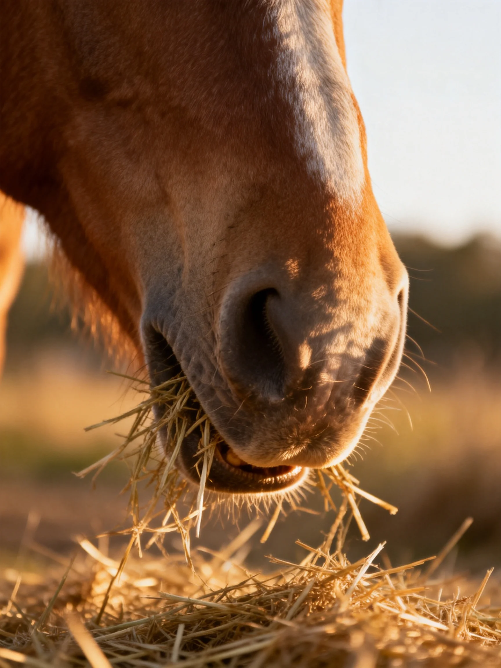Close - up of a chestnut horse eating golden hay outdoors