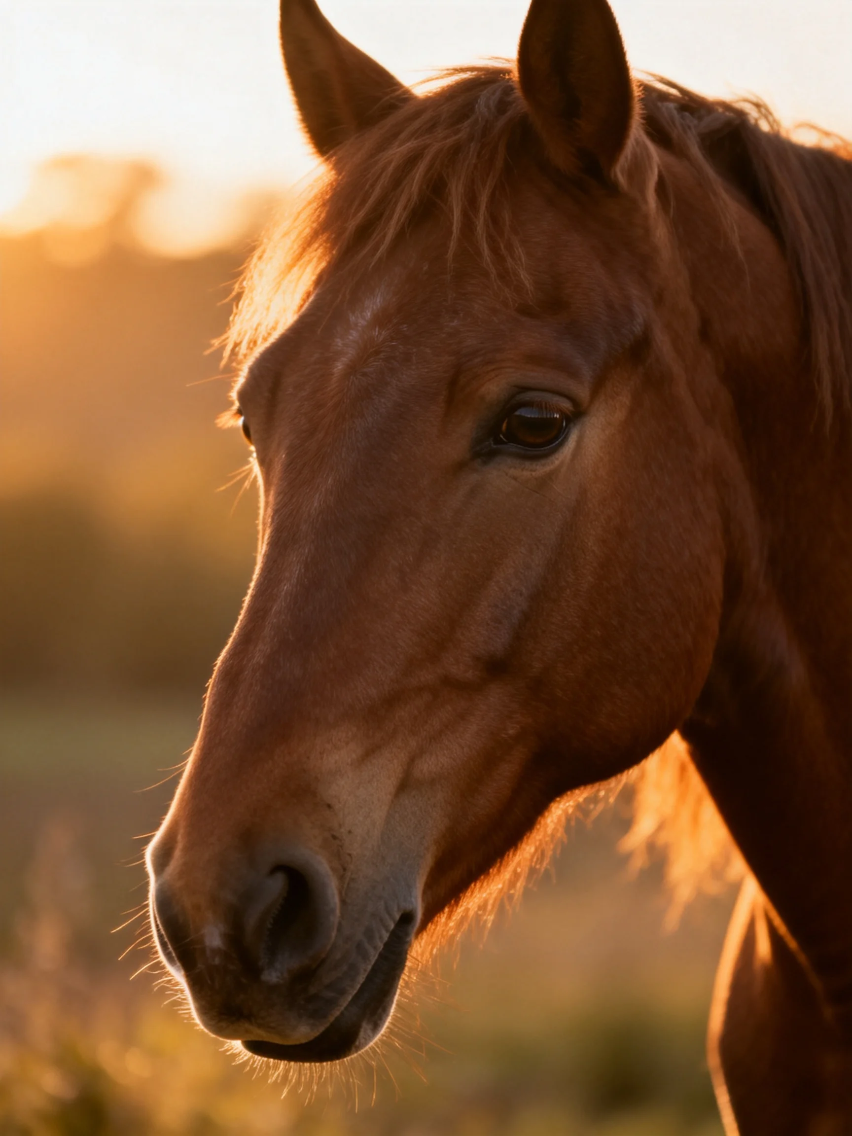 A close - up of a chestnut horse in a sunlit outdoor setting.