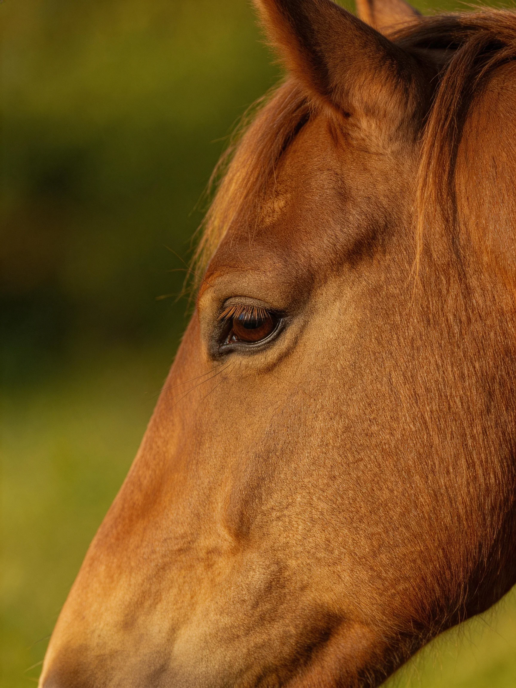 Close - up of a chestnut horse with warm golden lighting