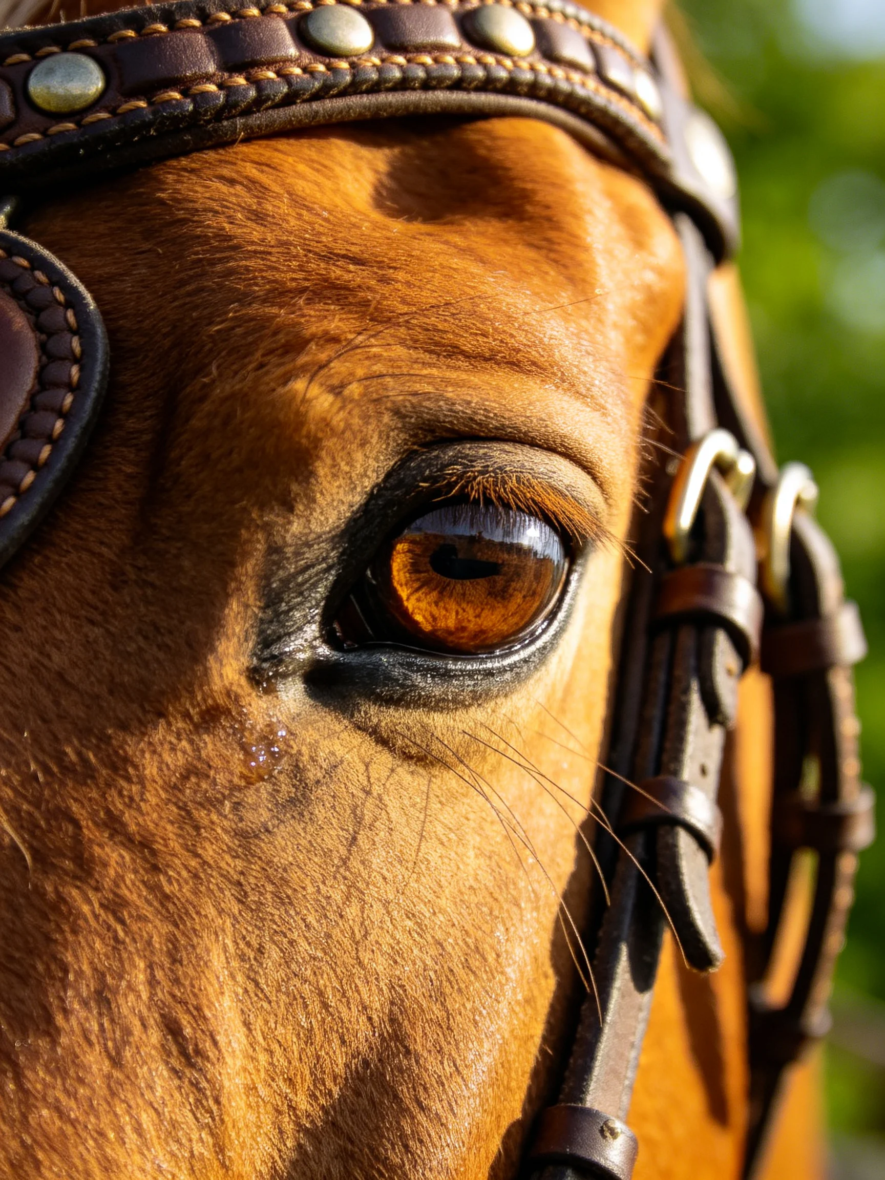 Close - up of a chestnut horse’s eye with brown leather bridle