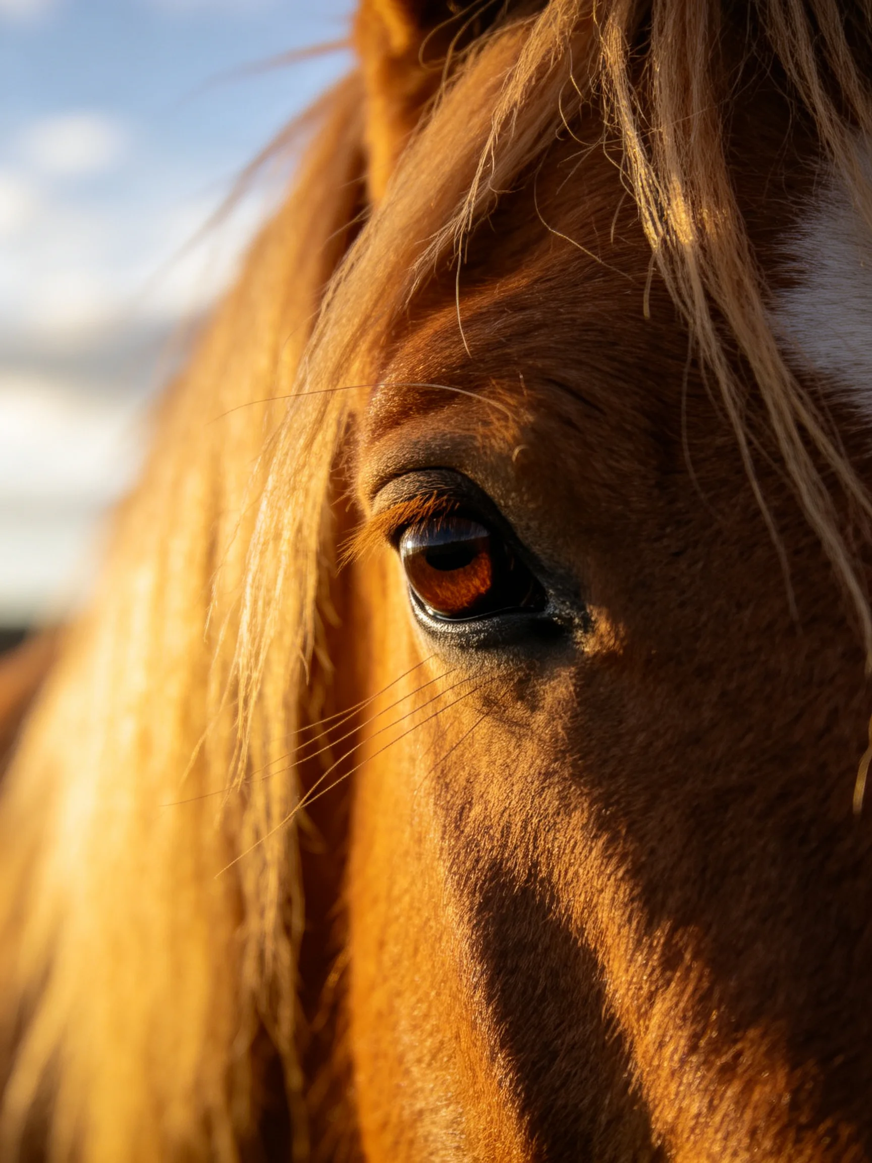 Close - up of a chestnut horse’s eye with golden mane and blue sky