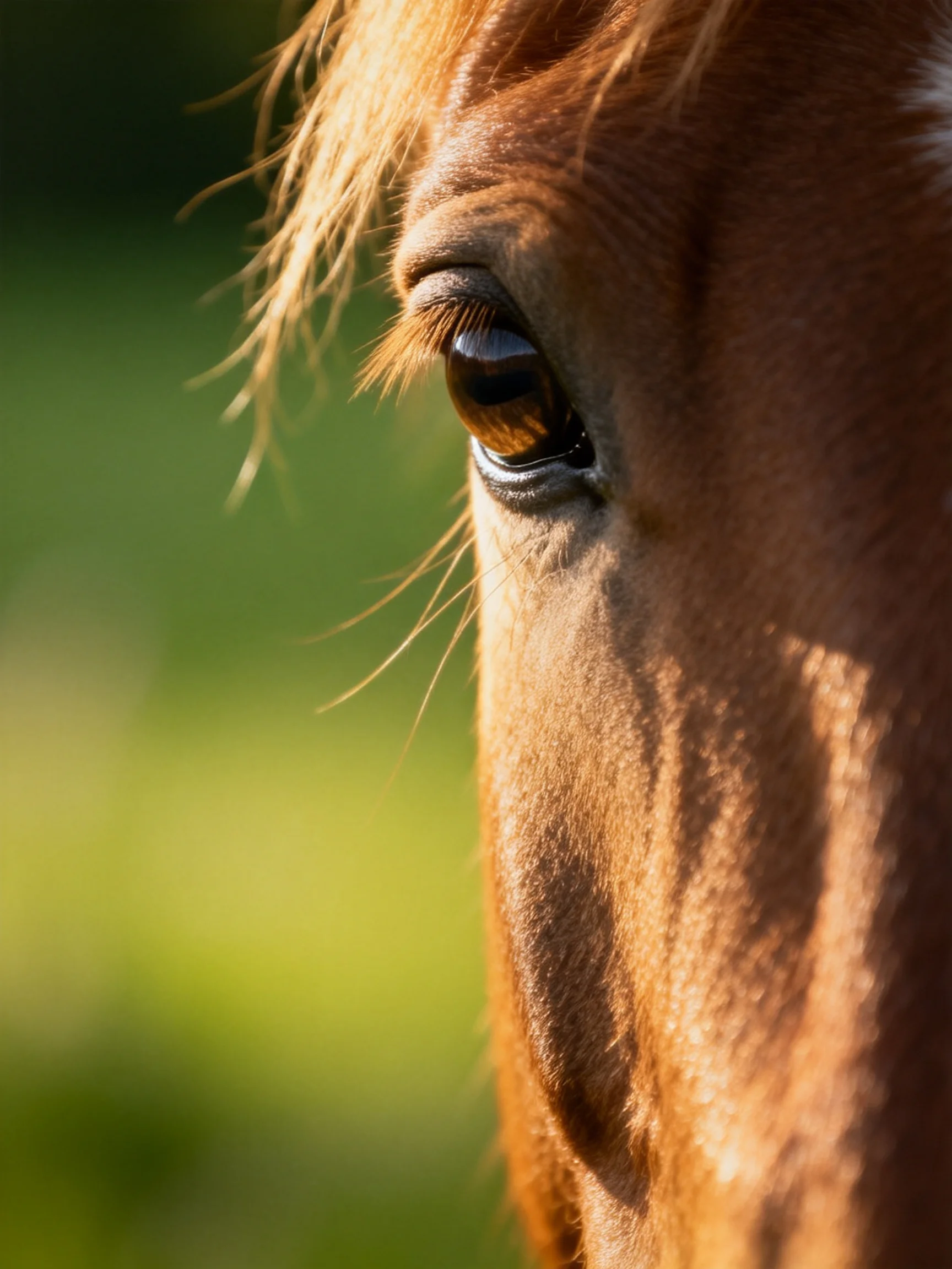 Close - up of a chestnut horse’s eye with golden mane and green background