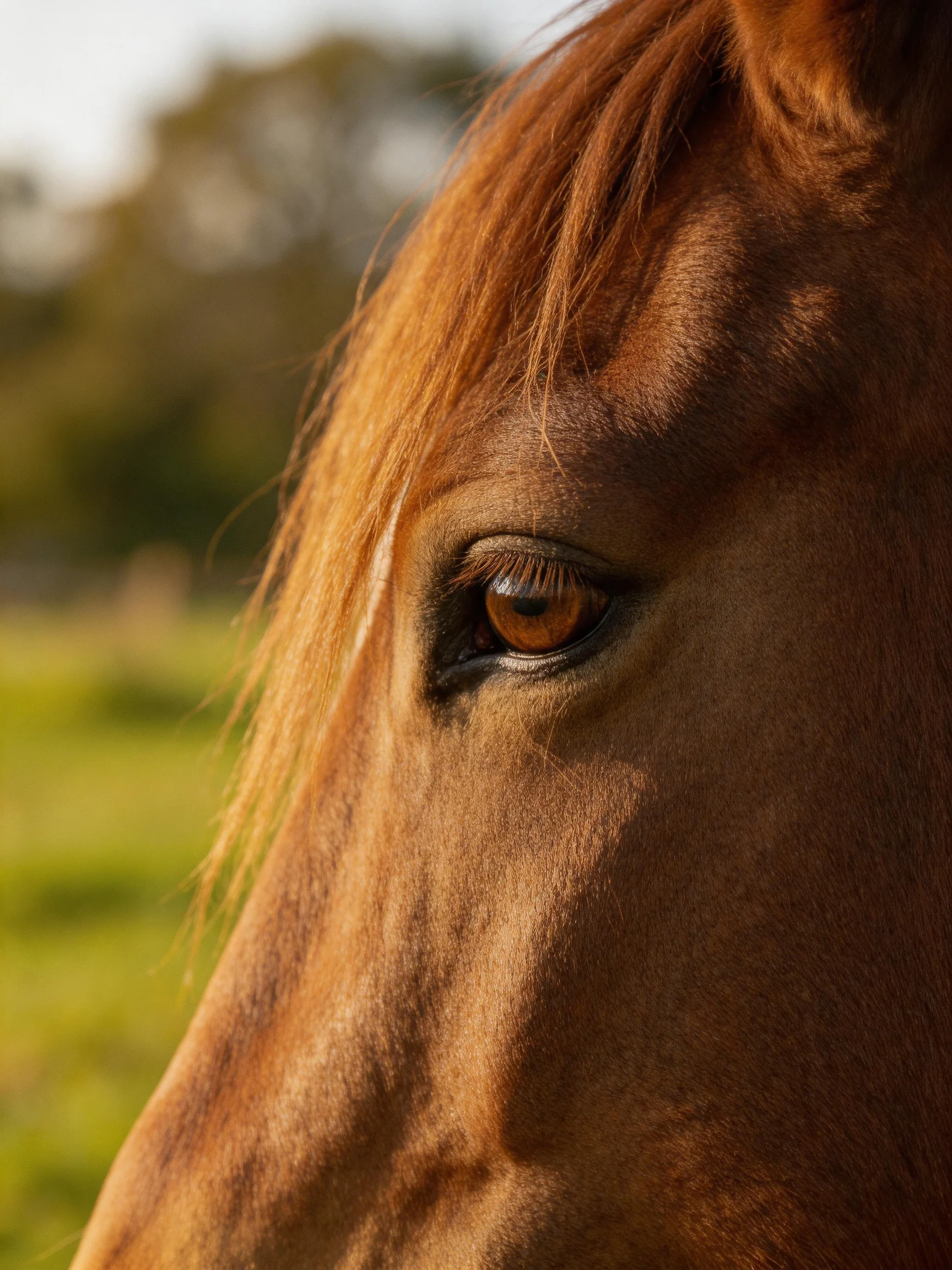 Close - up of a chestnut horse’s eye with soft golden mane