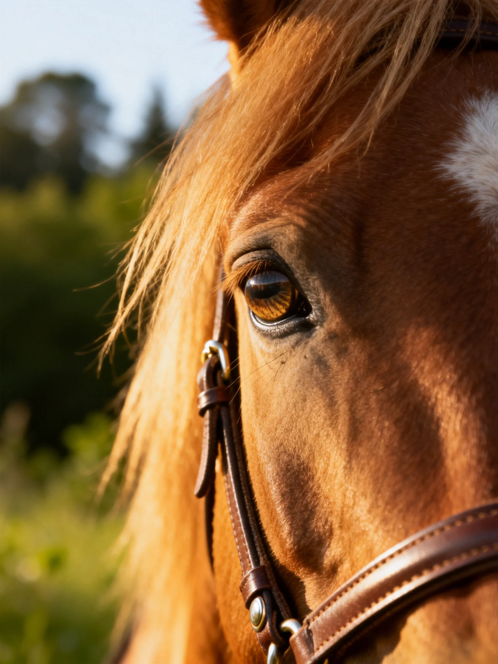 Close - up of a chestnut horse’s face with white marking