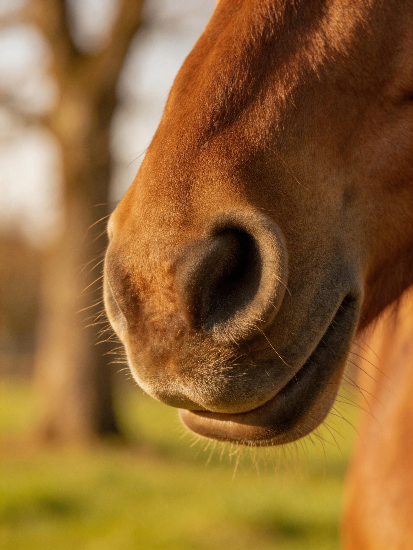 Close - up of a chestnut horse’s nose with natural lighting