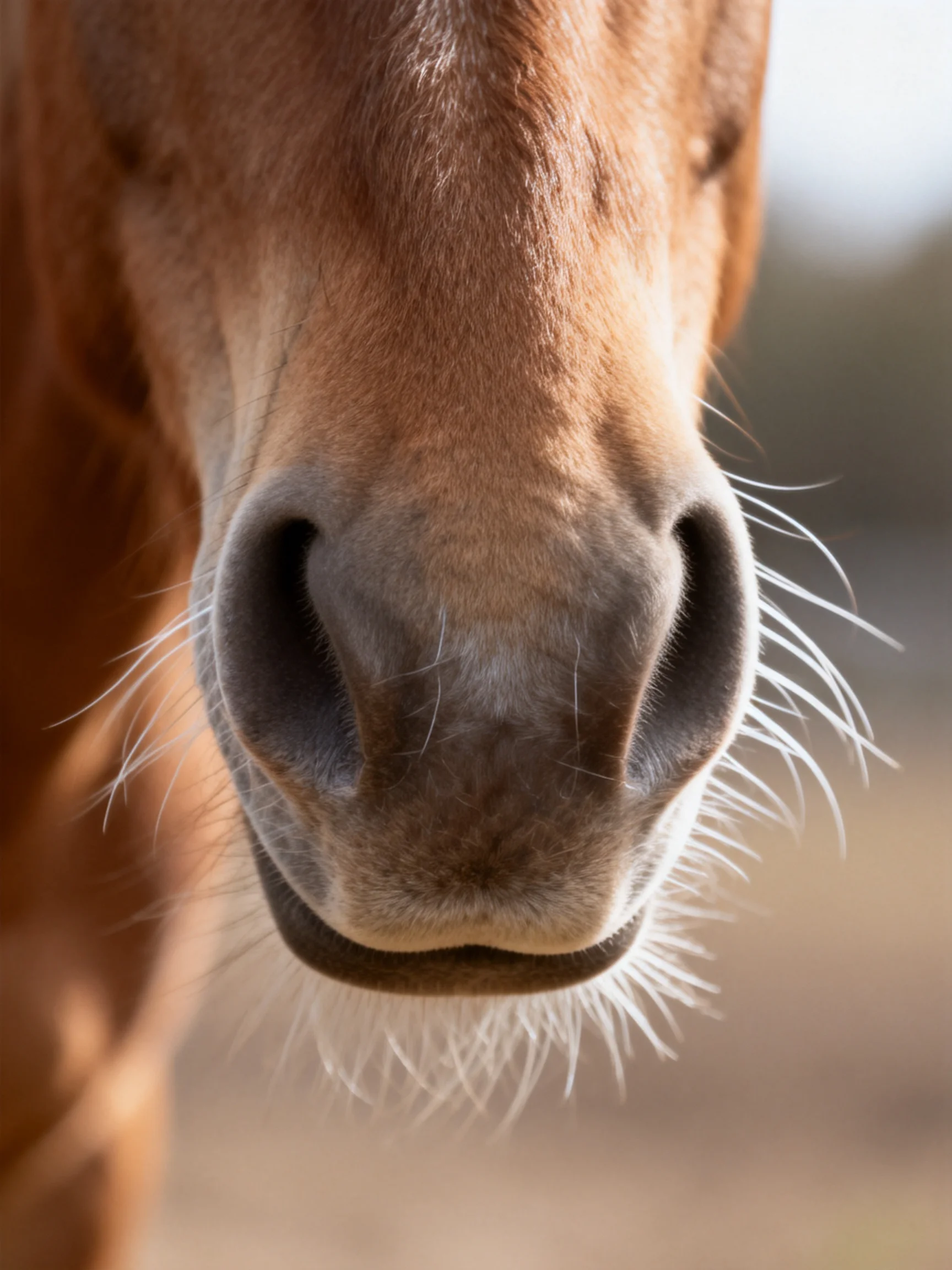 Close - up of a chestnut horse’s nose with prominent white whiskers