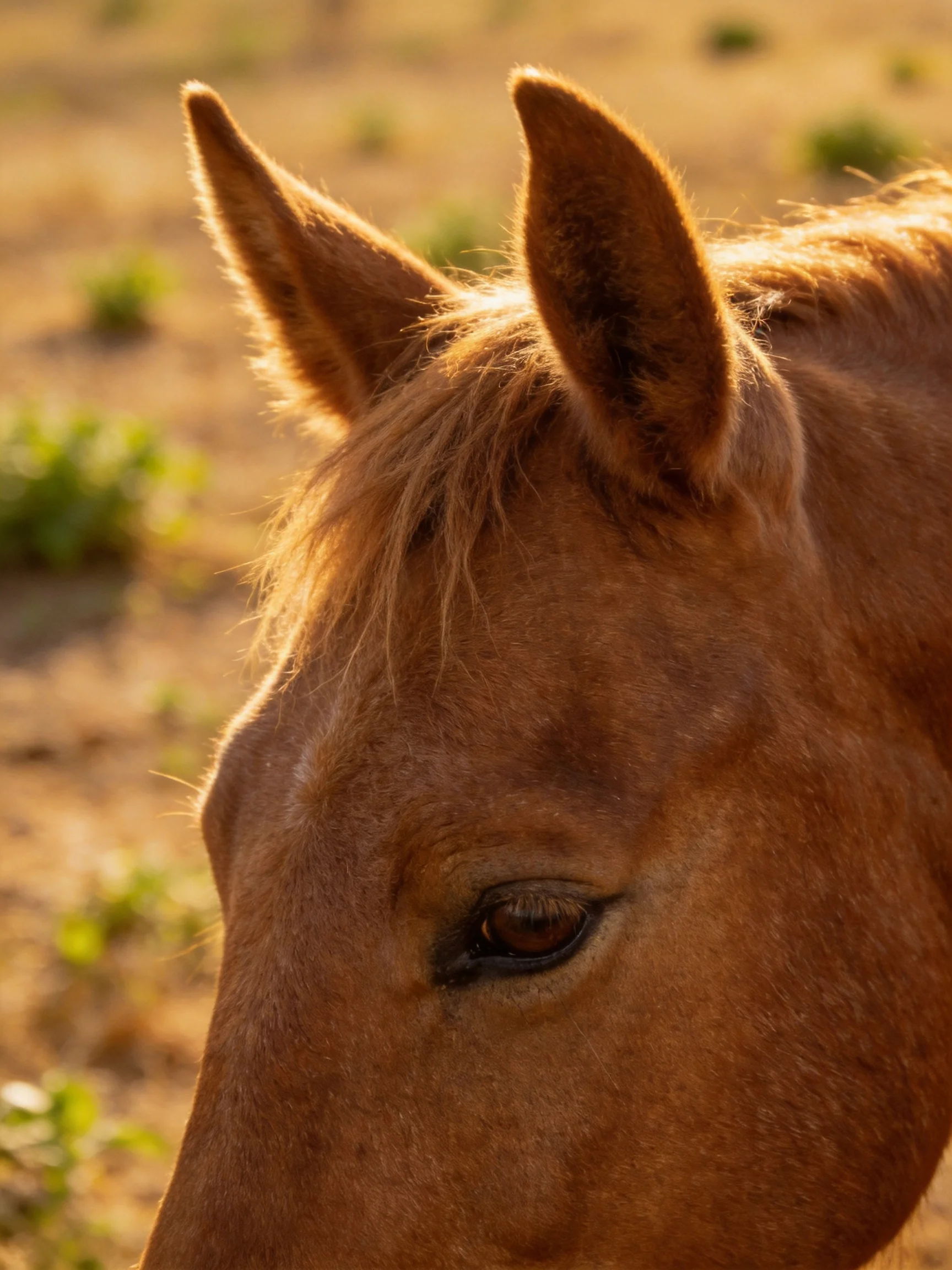 A chestnut horses head is shown in detail with upright ears against a blurred outdoor background.