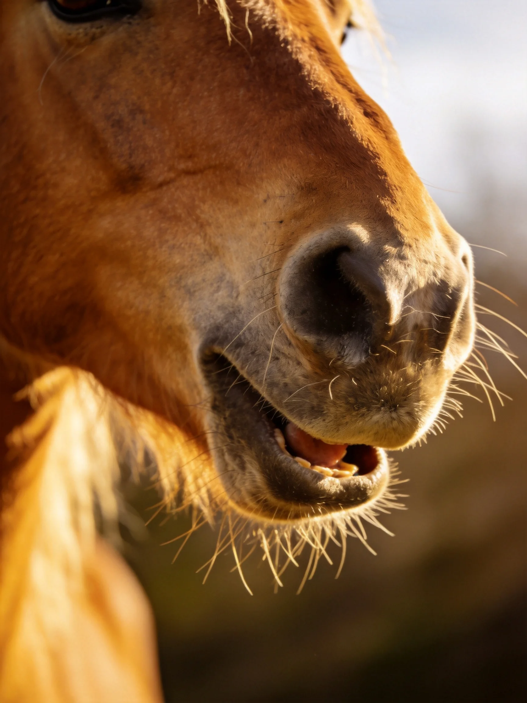 Close - up of a chestnut horses muzzle with visible teeth and whiskers