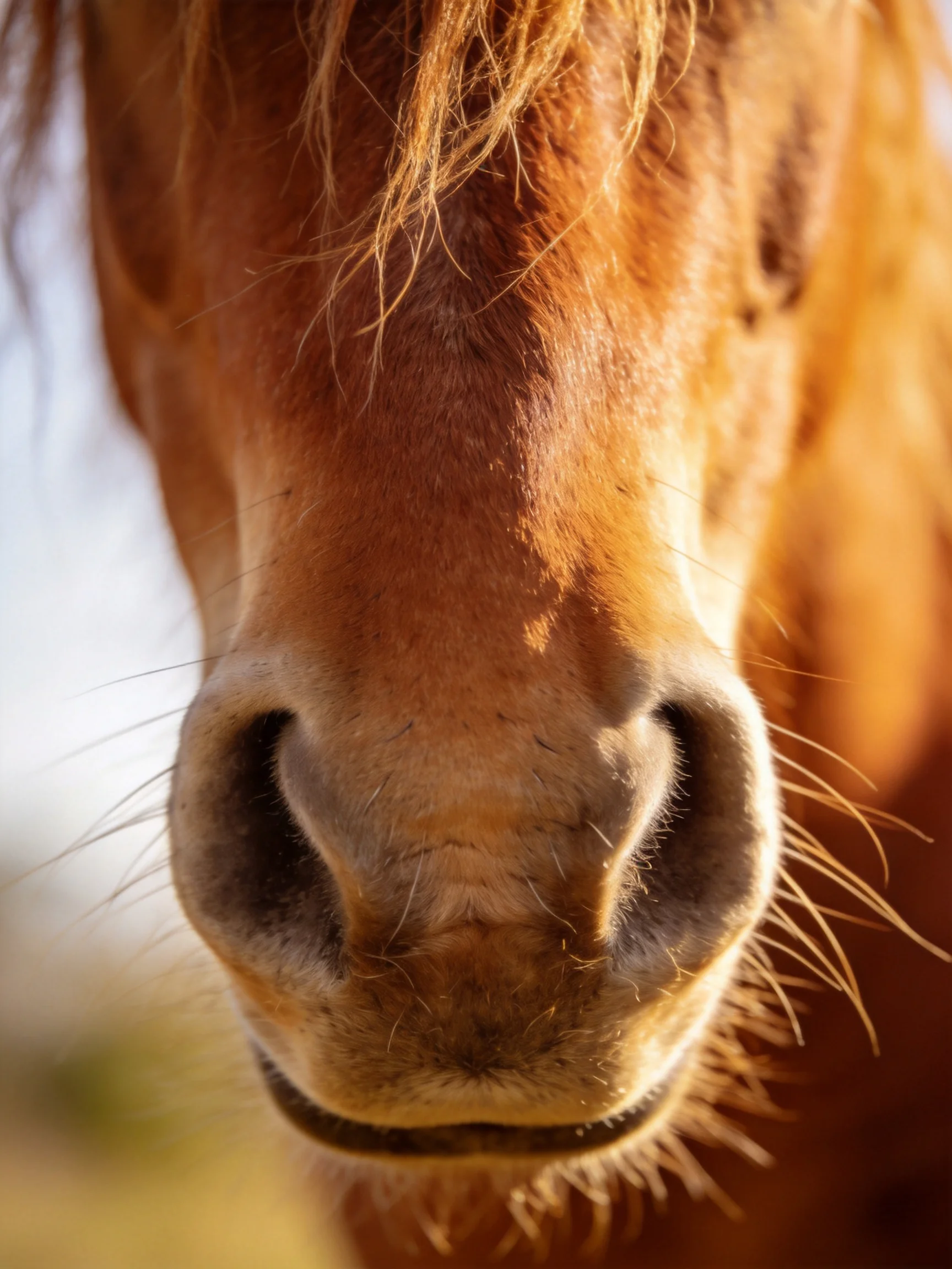 Close - up of a chestnut horses nose with golden mane strands