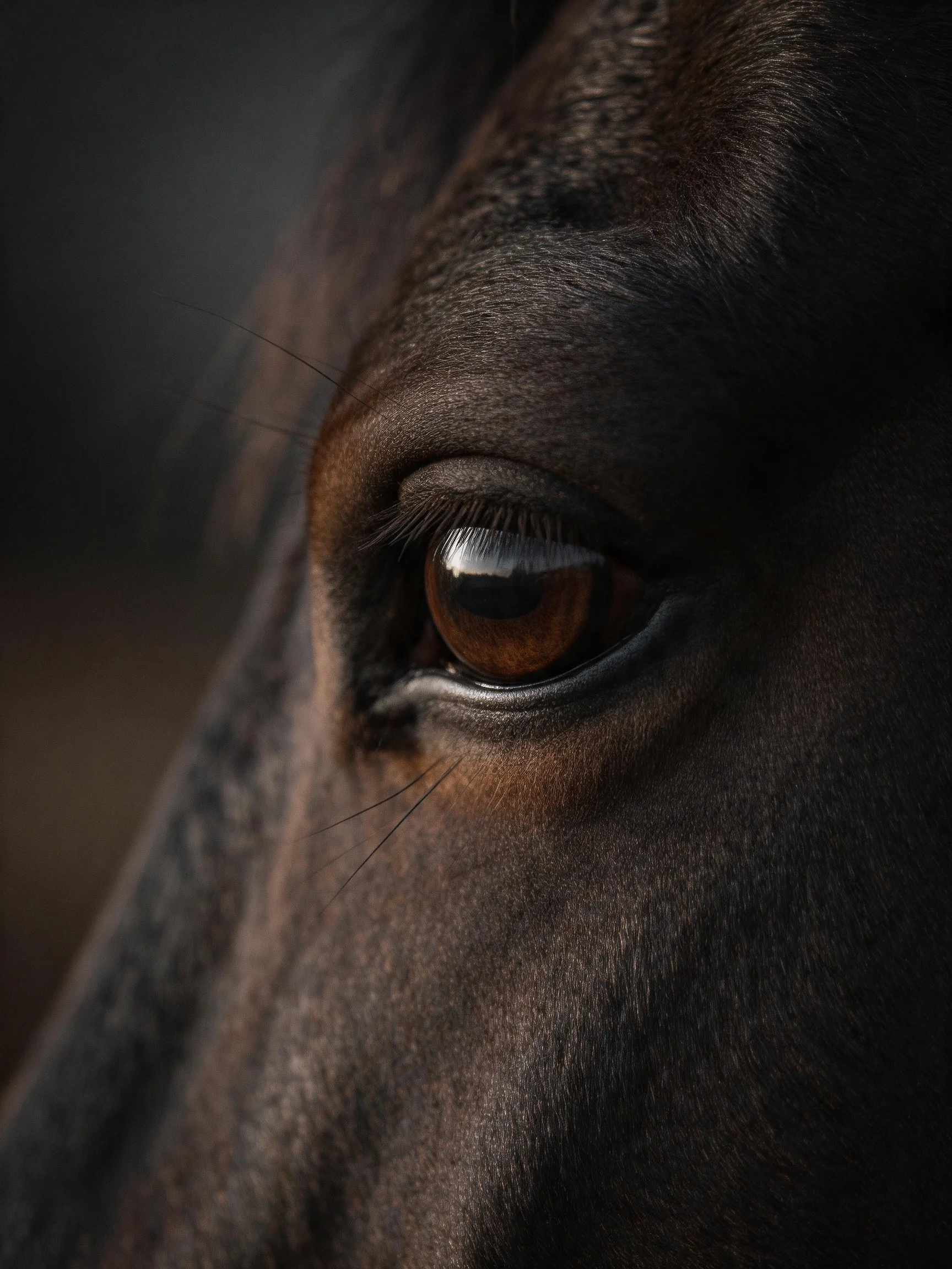 A close - up of a horse’s eye displaying its warm brown iris and textured facial skin.