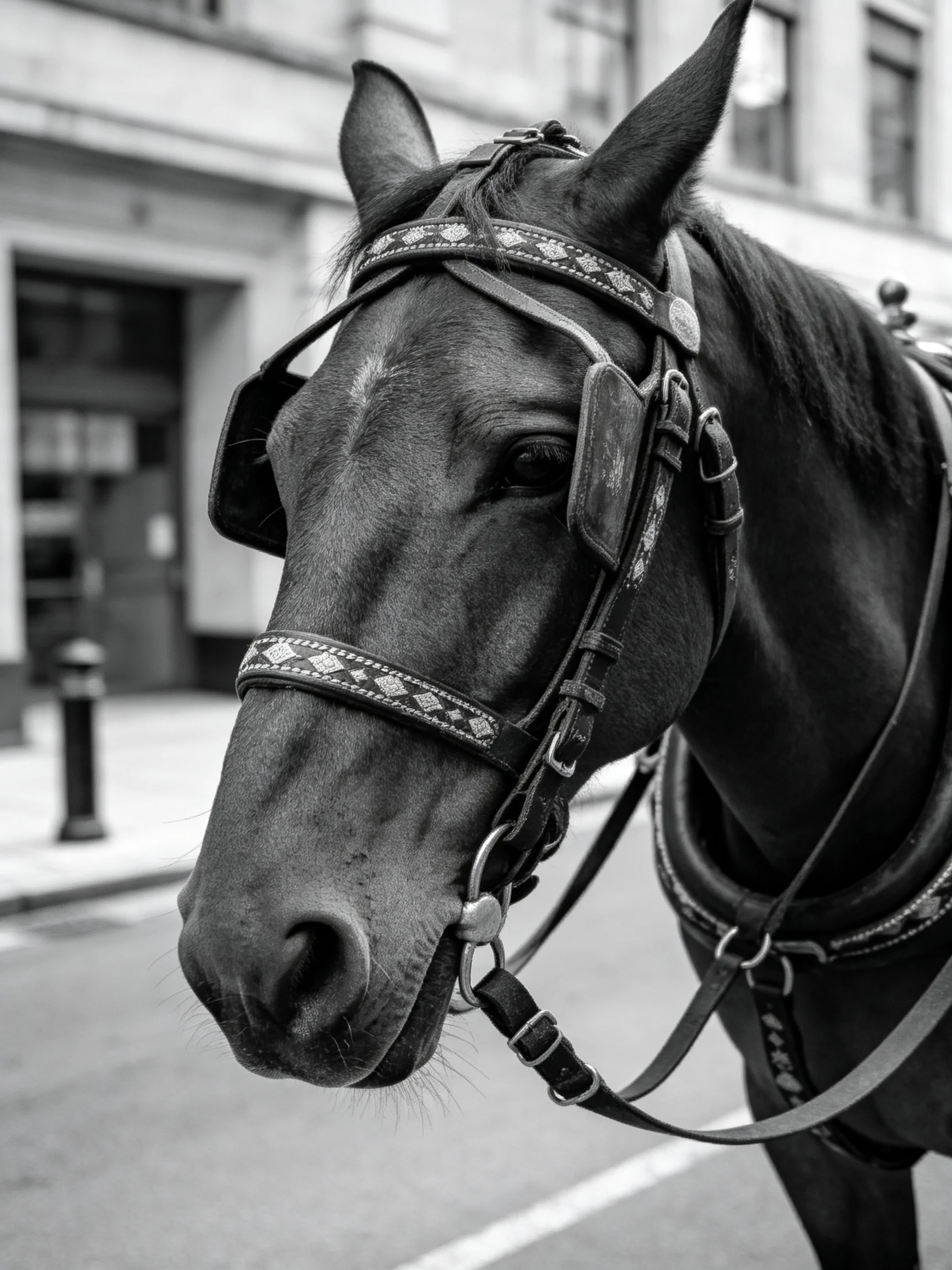 Close - up of a dark horse with ornate harnesses