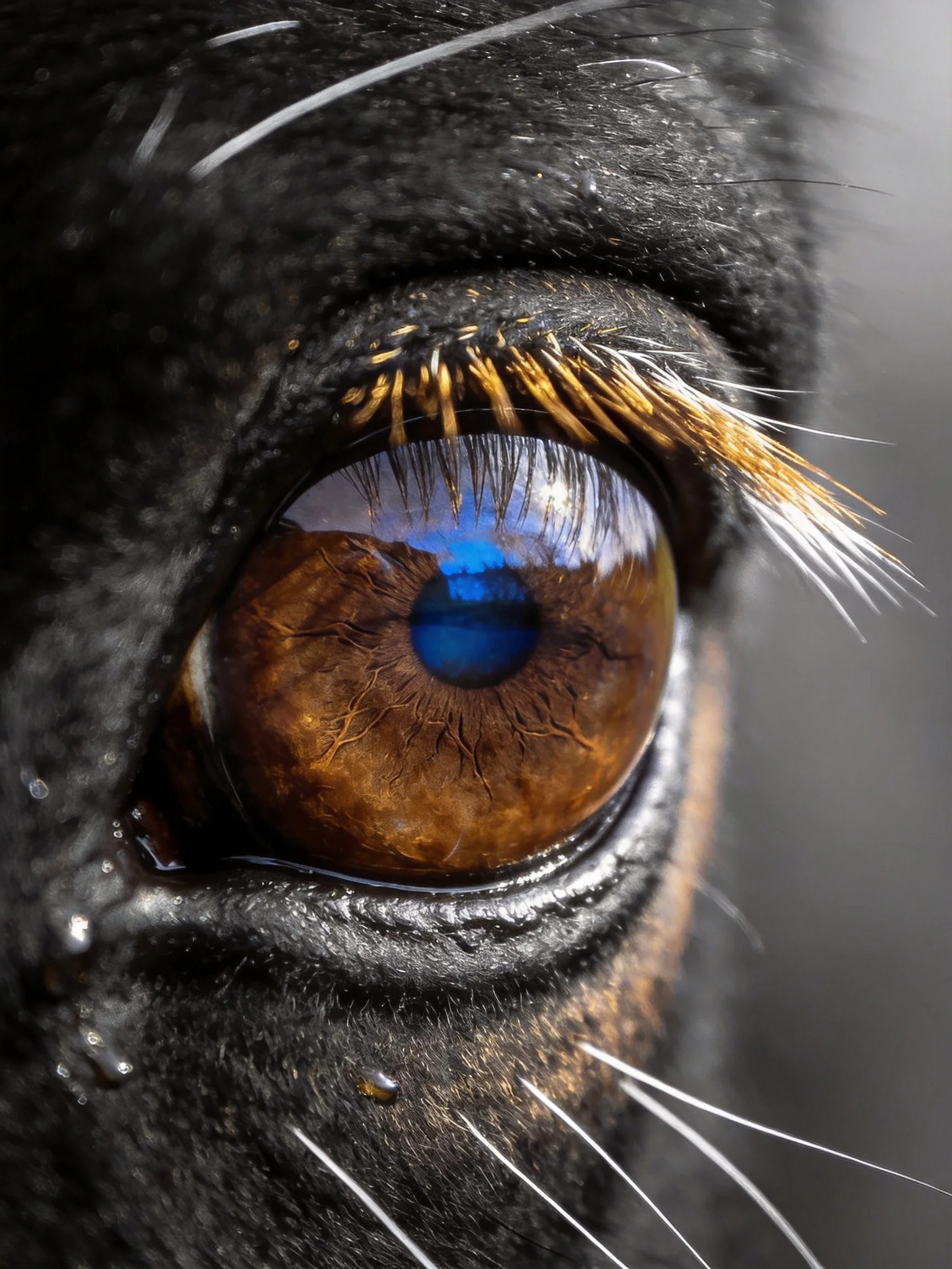 Close - up of a dog’s eye with brown iris and dark fur
