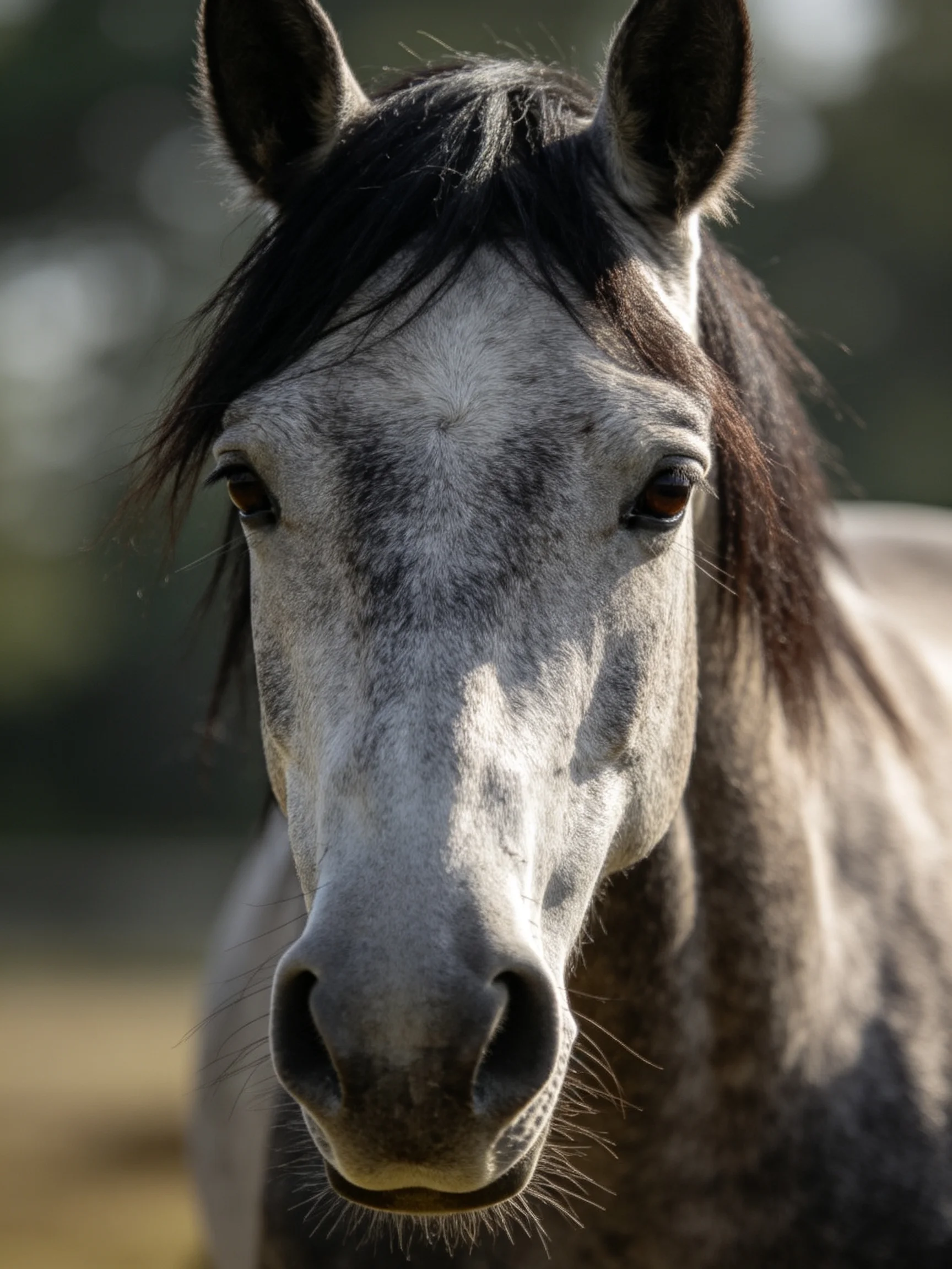Close - up of a gray horse with dark mane in natural light