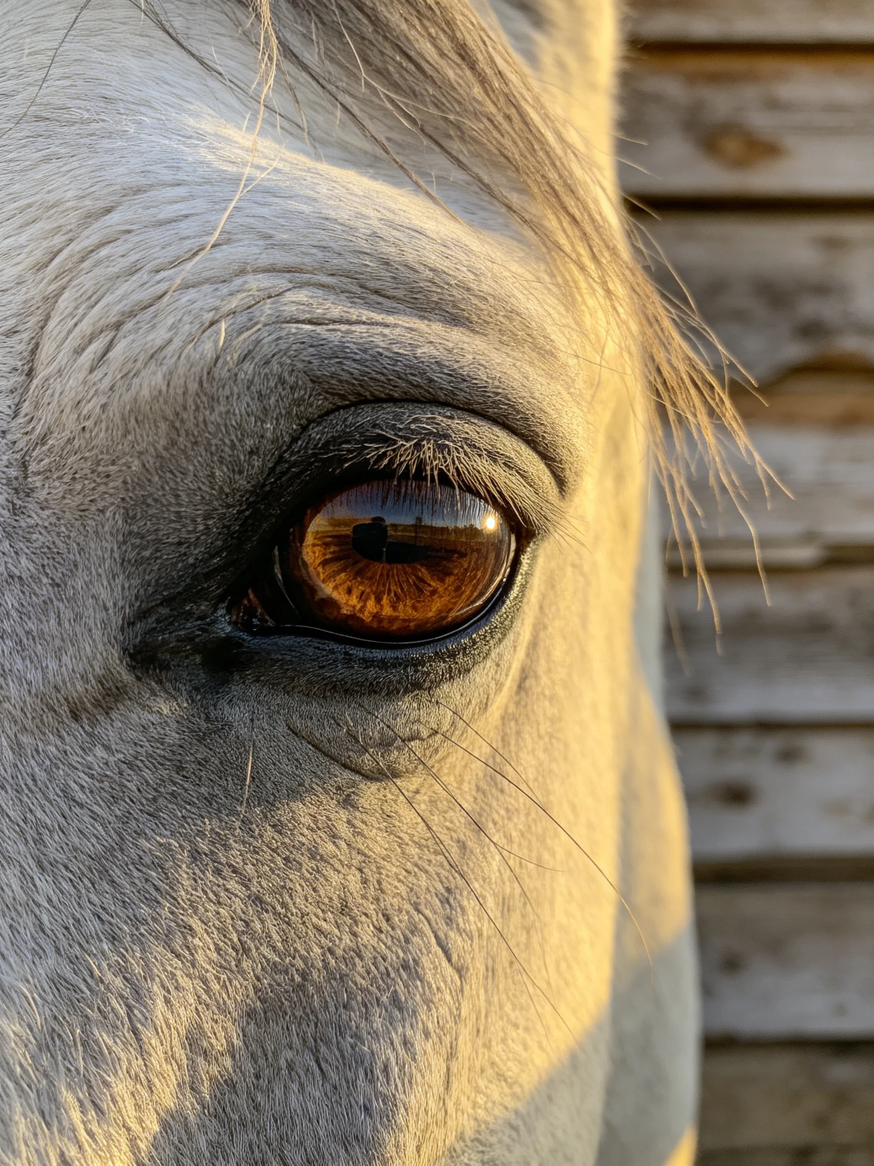 Close - up of a gray horse’s amber eye beside weathered wooden planks