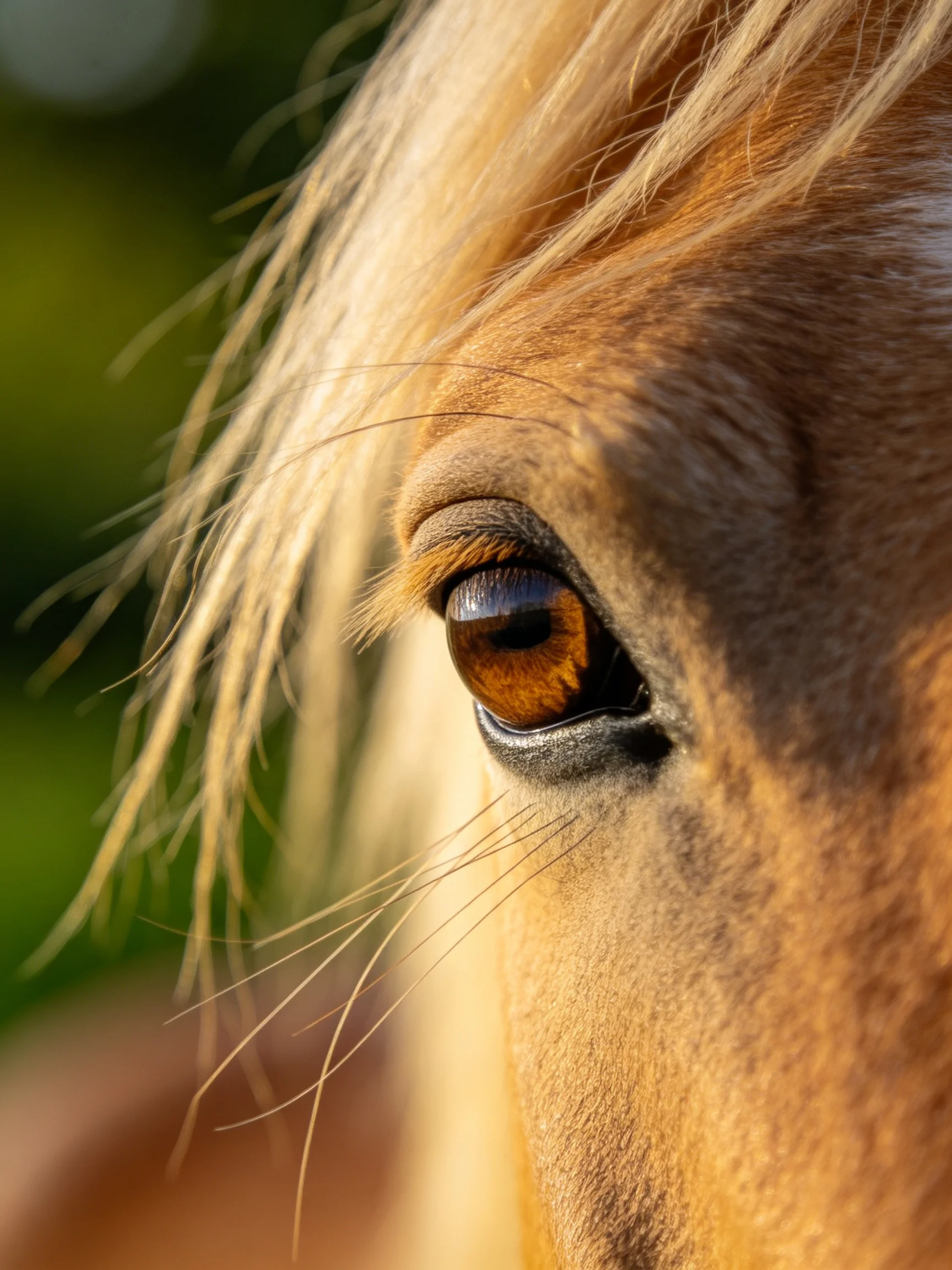 Close - up of a horse’s amber - eyed face with golden fur and blonde mane