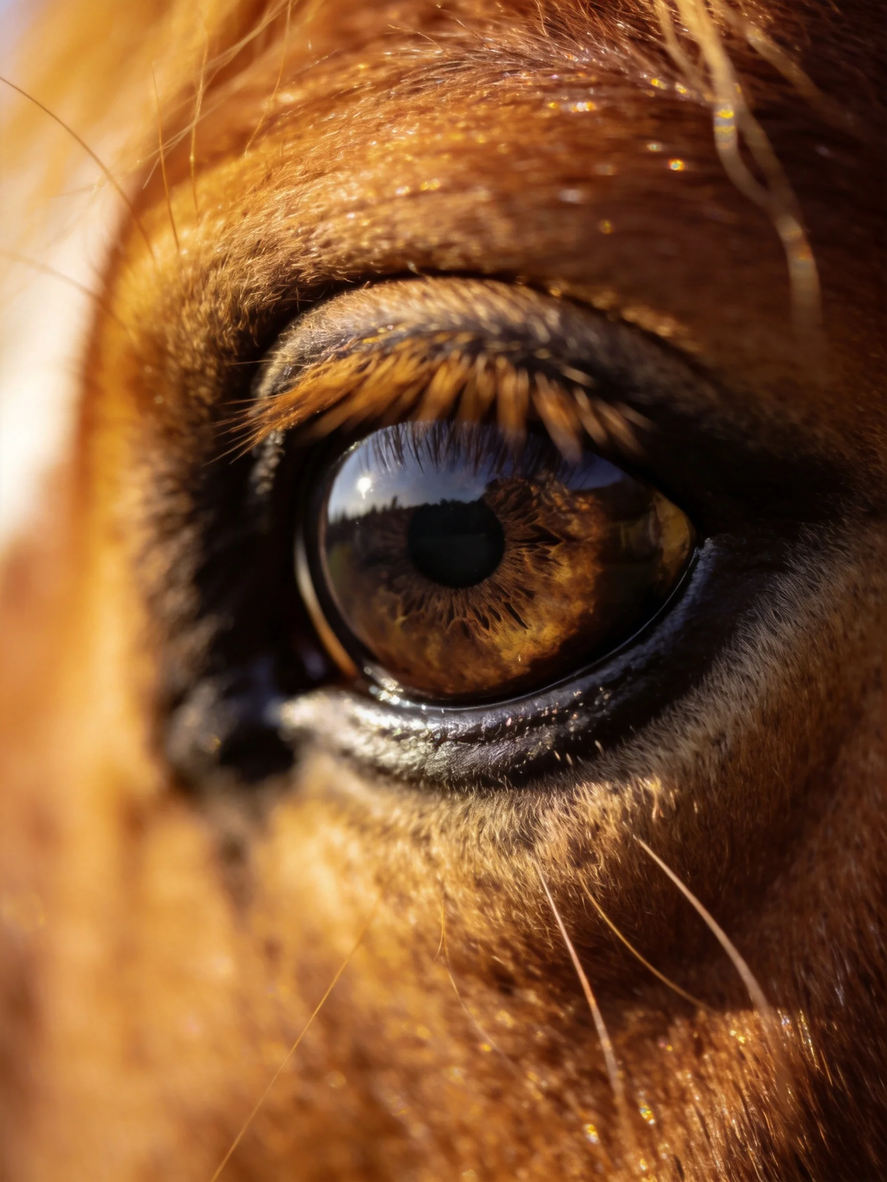 Close - up of a horse’s amber - hued eye with detailed fur surroundings