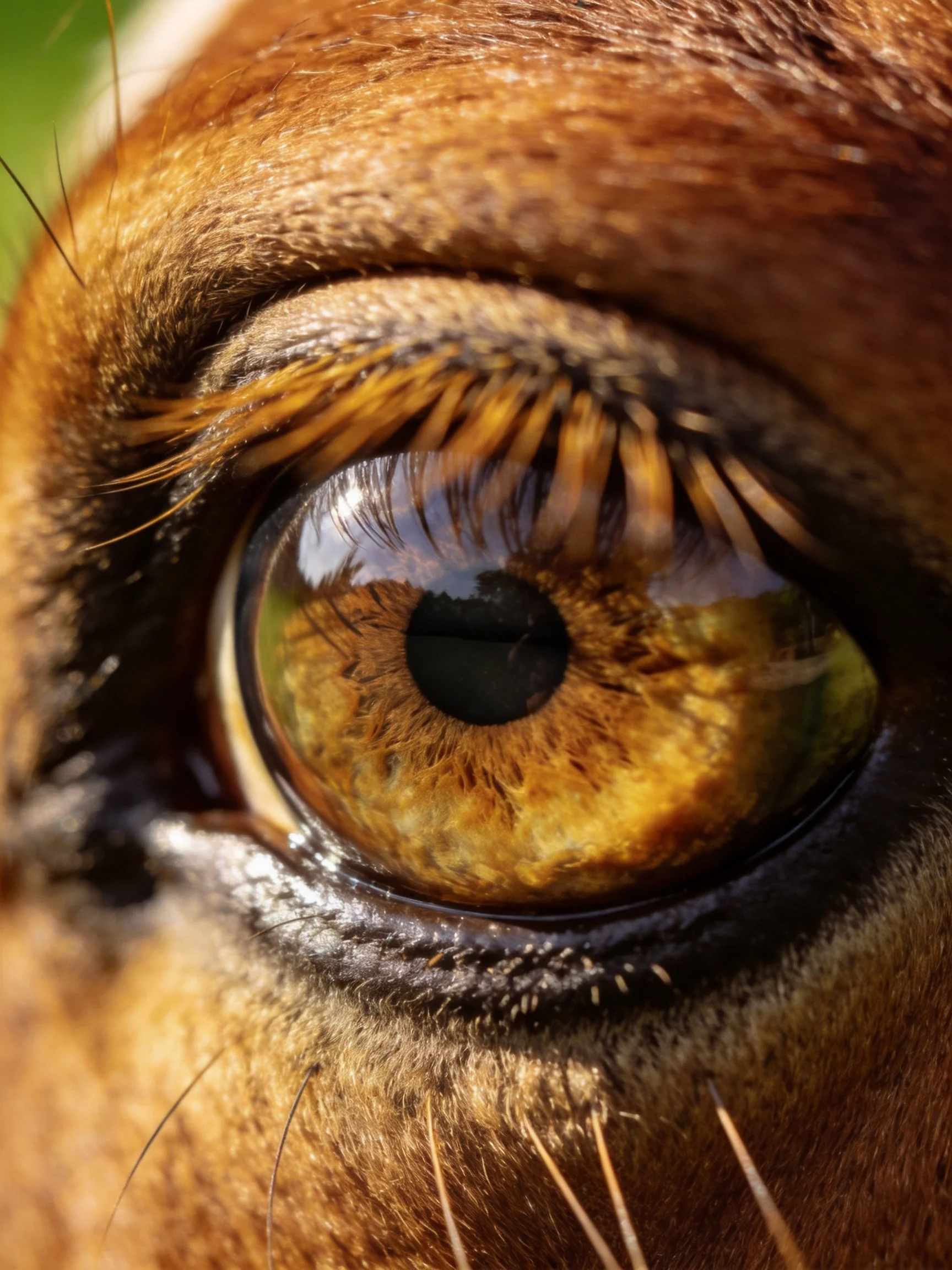 Close - up of a horse’s amber - hued eye with detailed fur surroundings