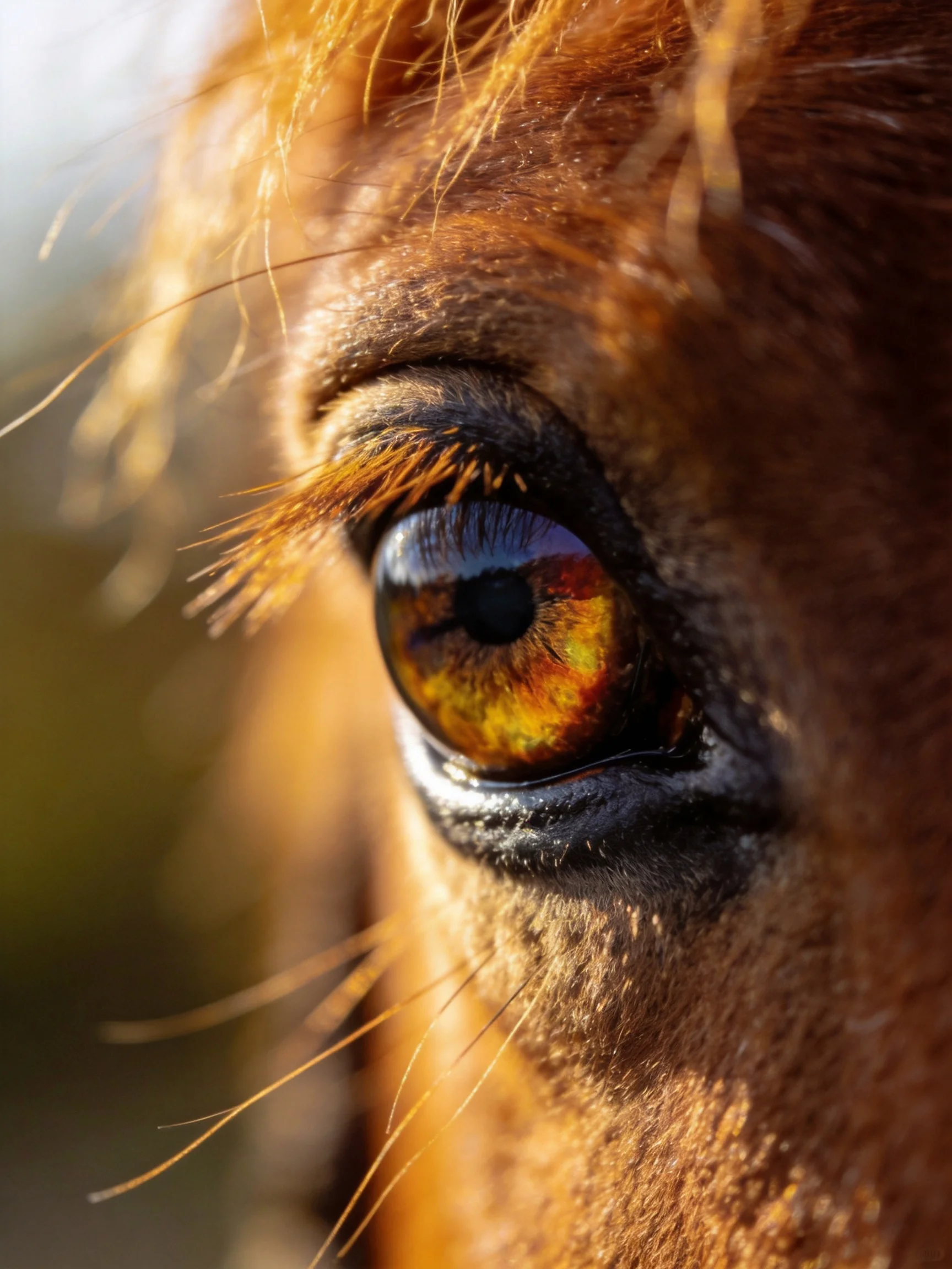 Close - up of a horse’s amber - hued eye with golden mane strands