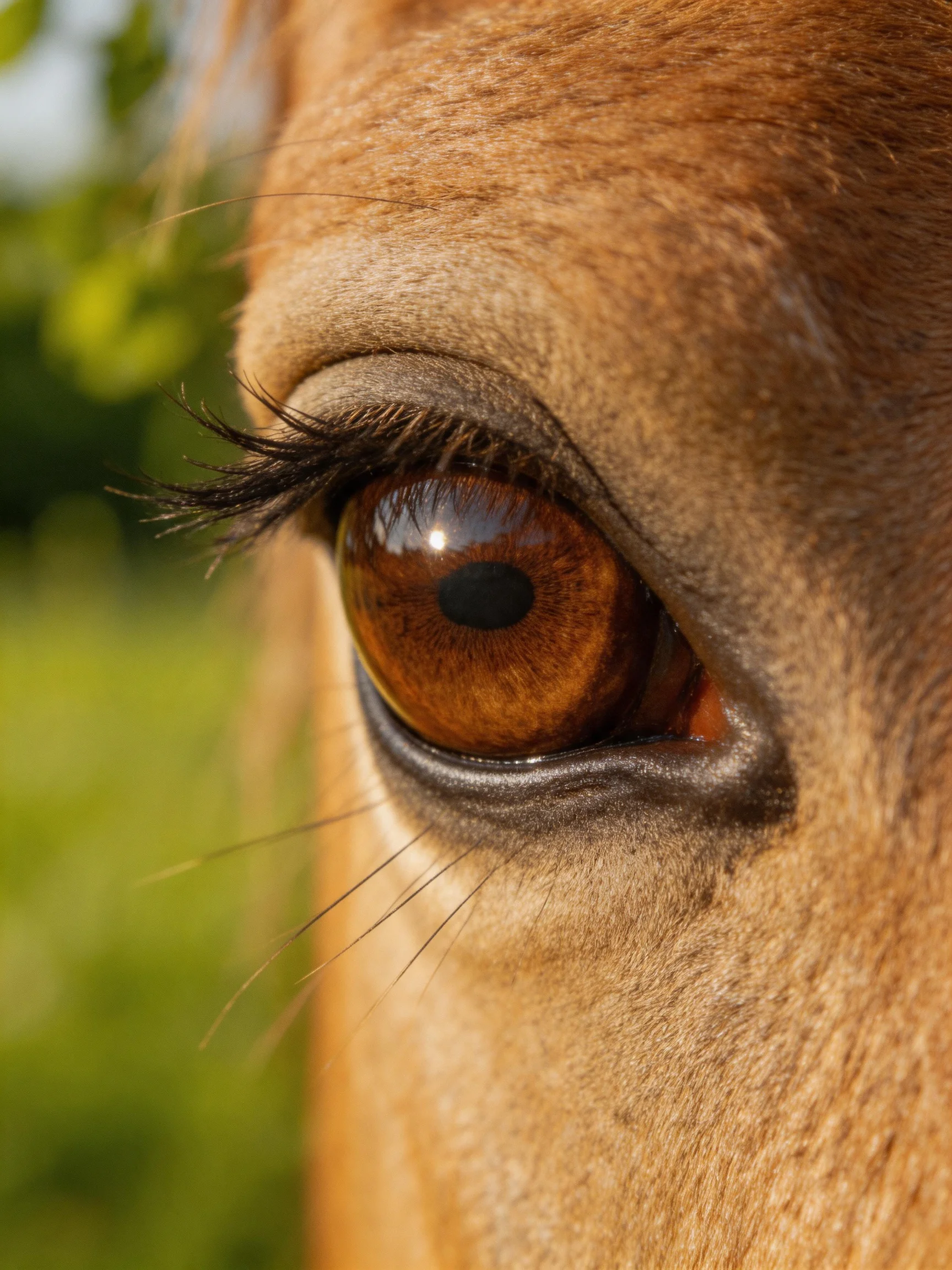 Close - up of a horse’s amber eye with detailed facial textures