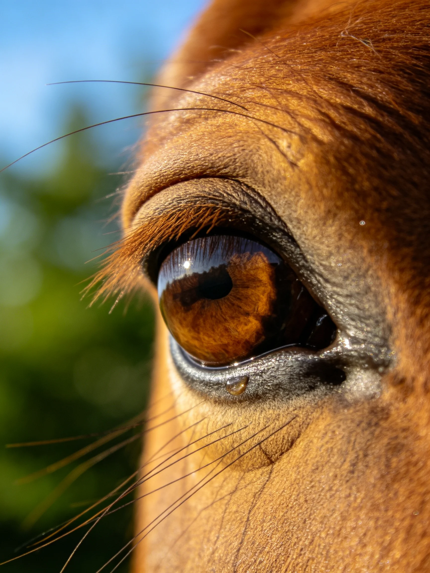 Close - up of a horse’s amber eye with detailed facial textures