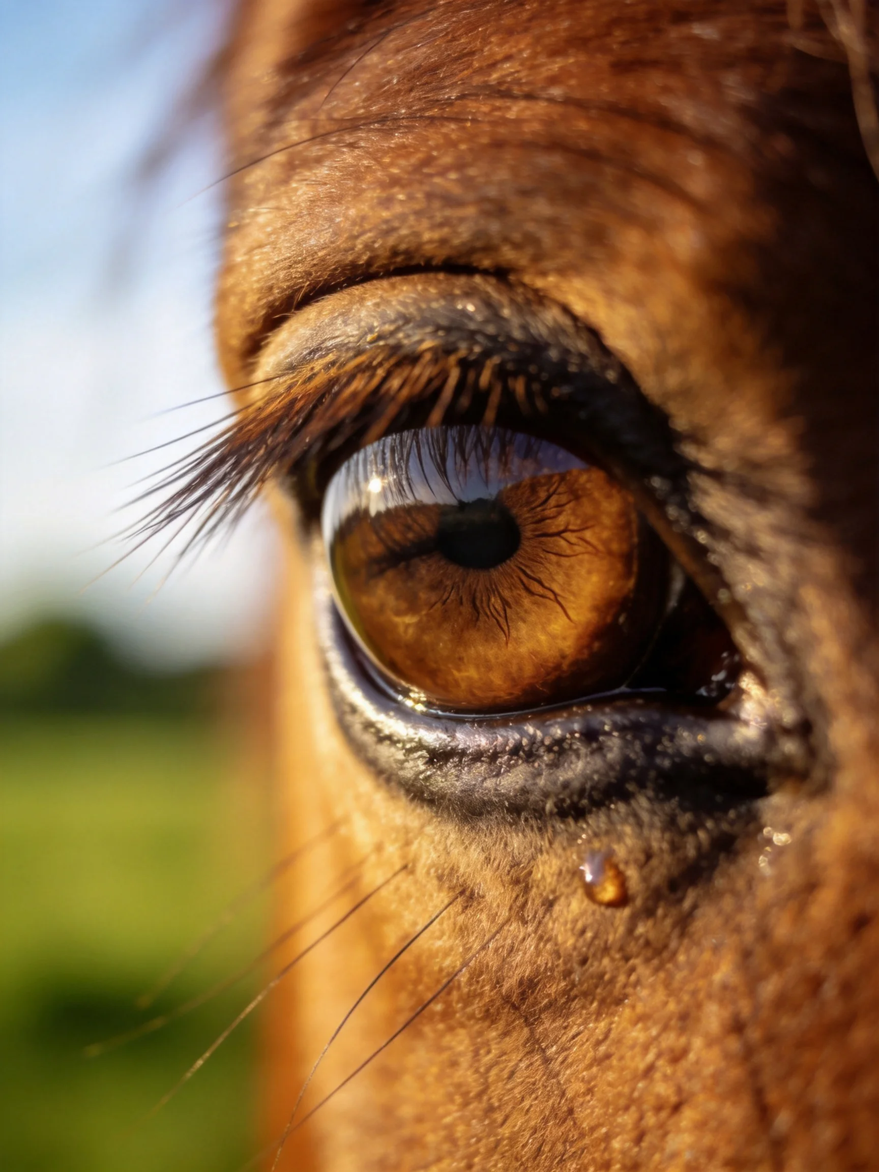 Close - up of a horse’s amber eye with detailed textures