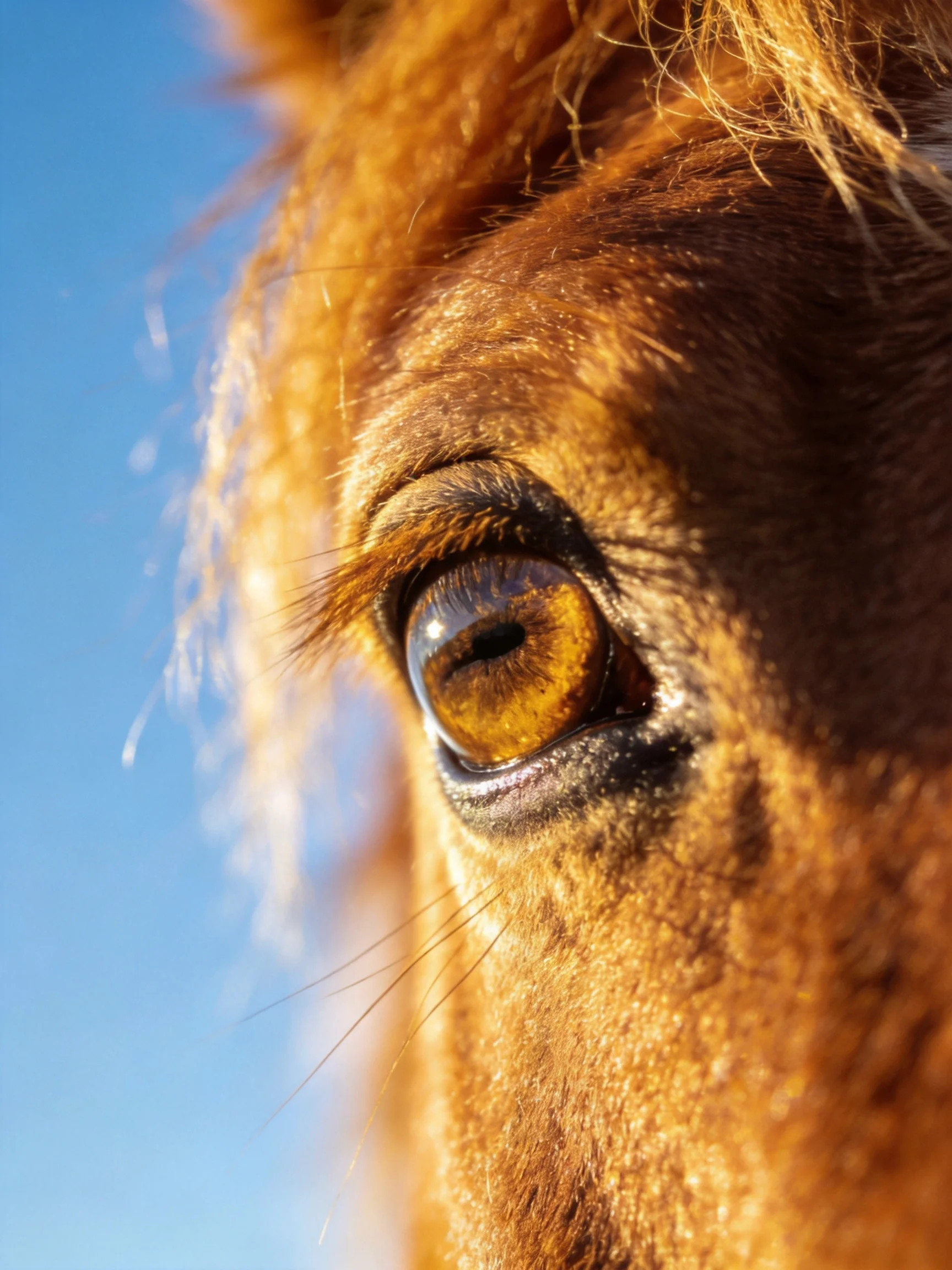 Close - up of a horse’s amber eye with golden fur and blue sky