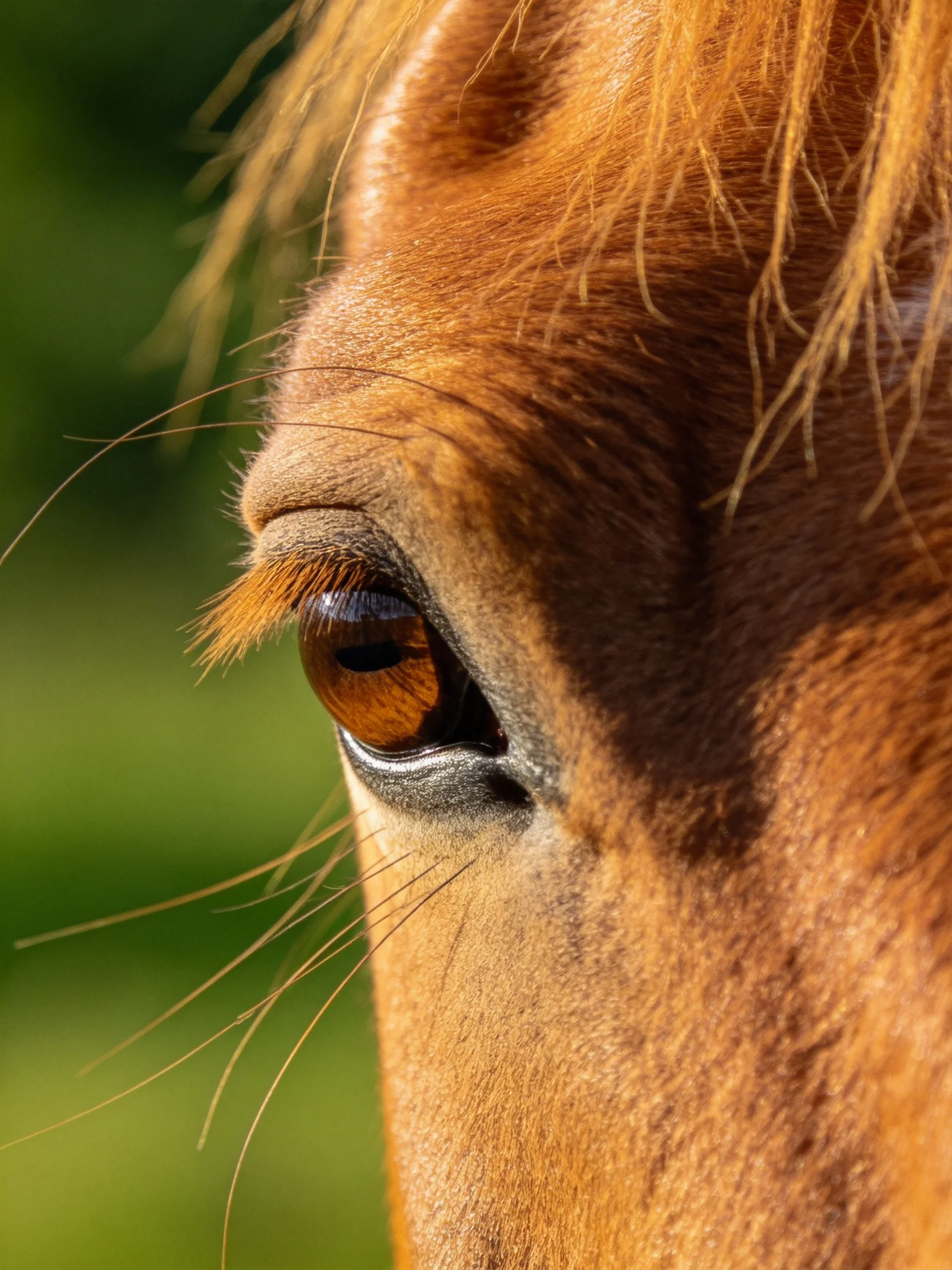 Close - up of a horse’s amber eye with golden fur and blurred green background