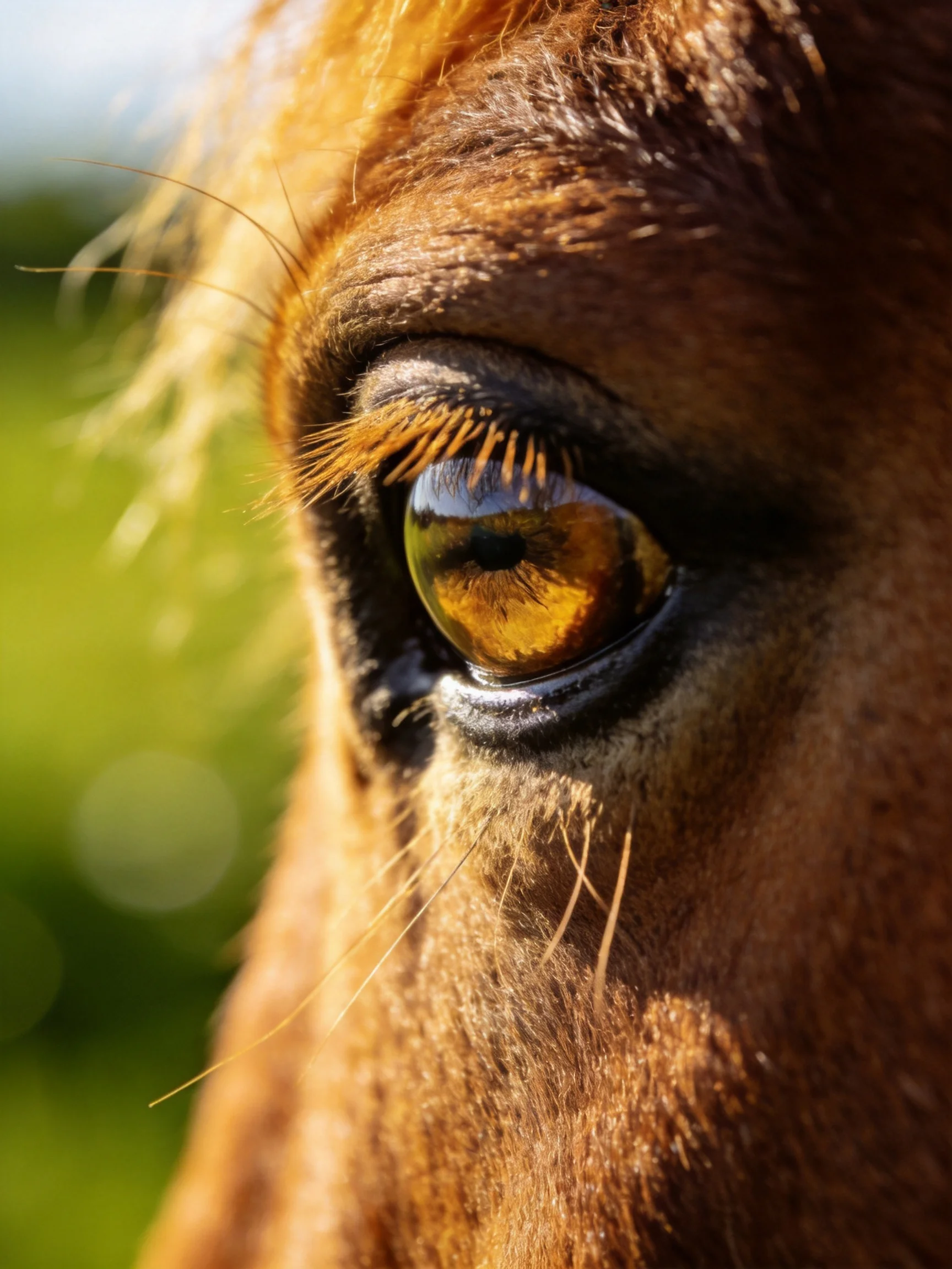 Close - up of a horse’s amber eye with golden fur and green bokeh background