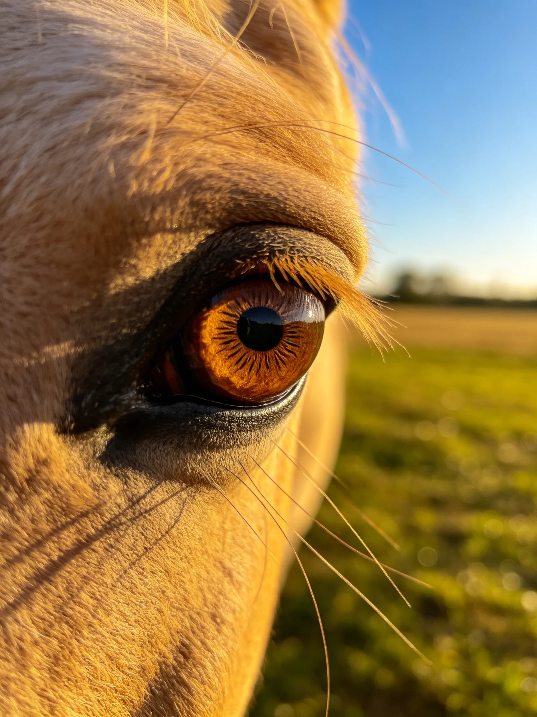 Close - up of a horse’s amber eye with golden fur