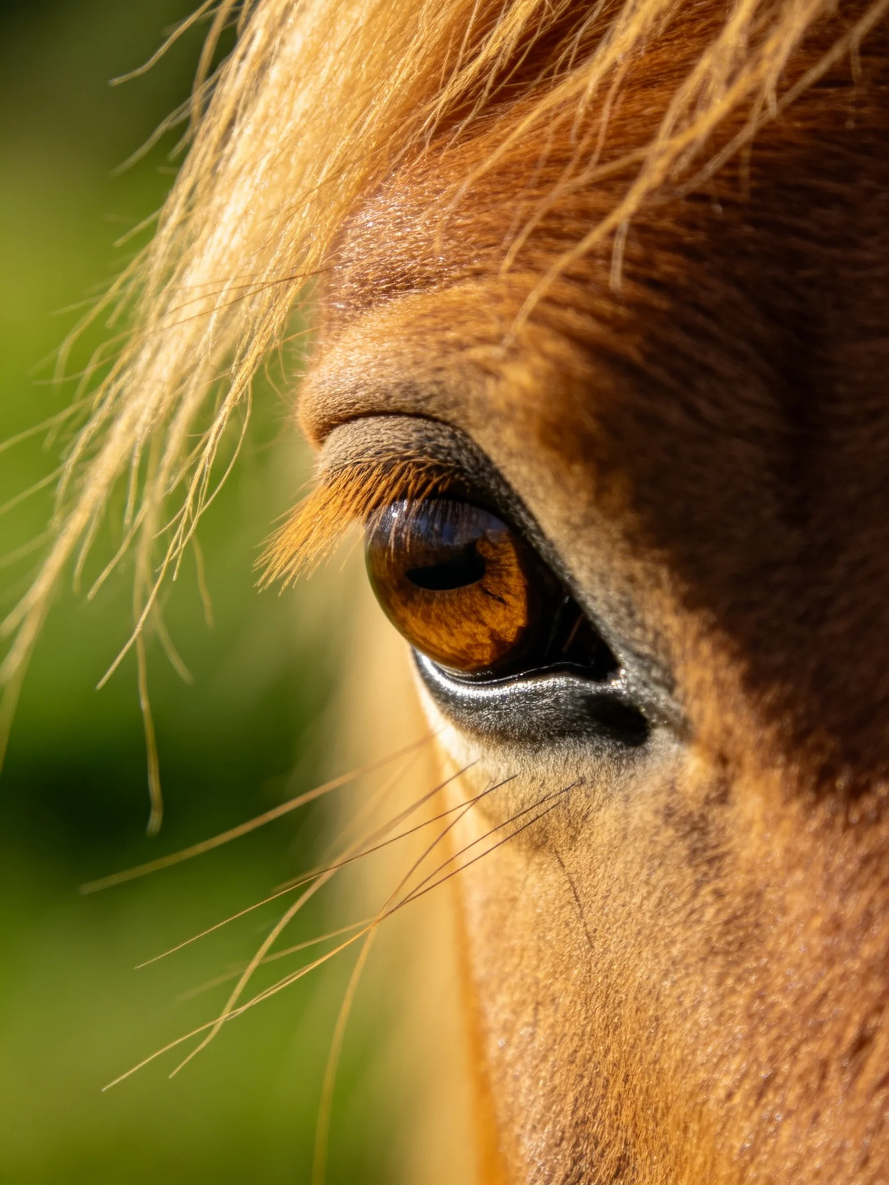 Close - up of a horse’s amber eye with golden mane and green backdrop