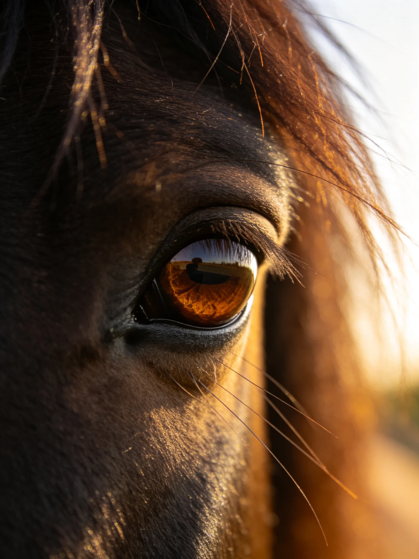 Close - up of a horse’s amber eye with golden mane and soft sunlight