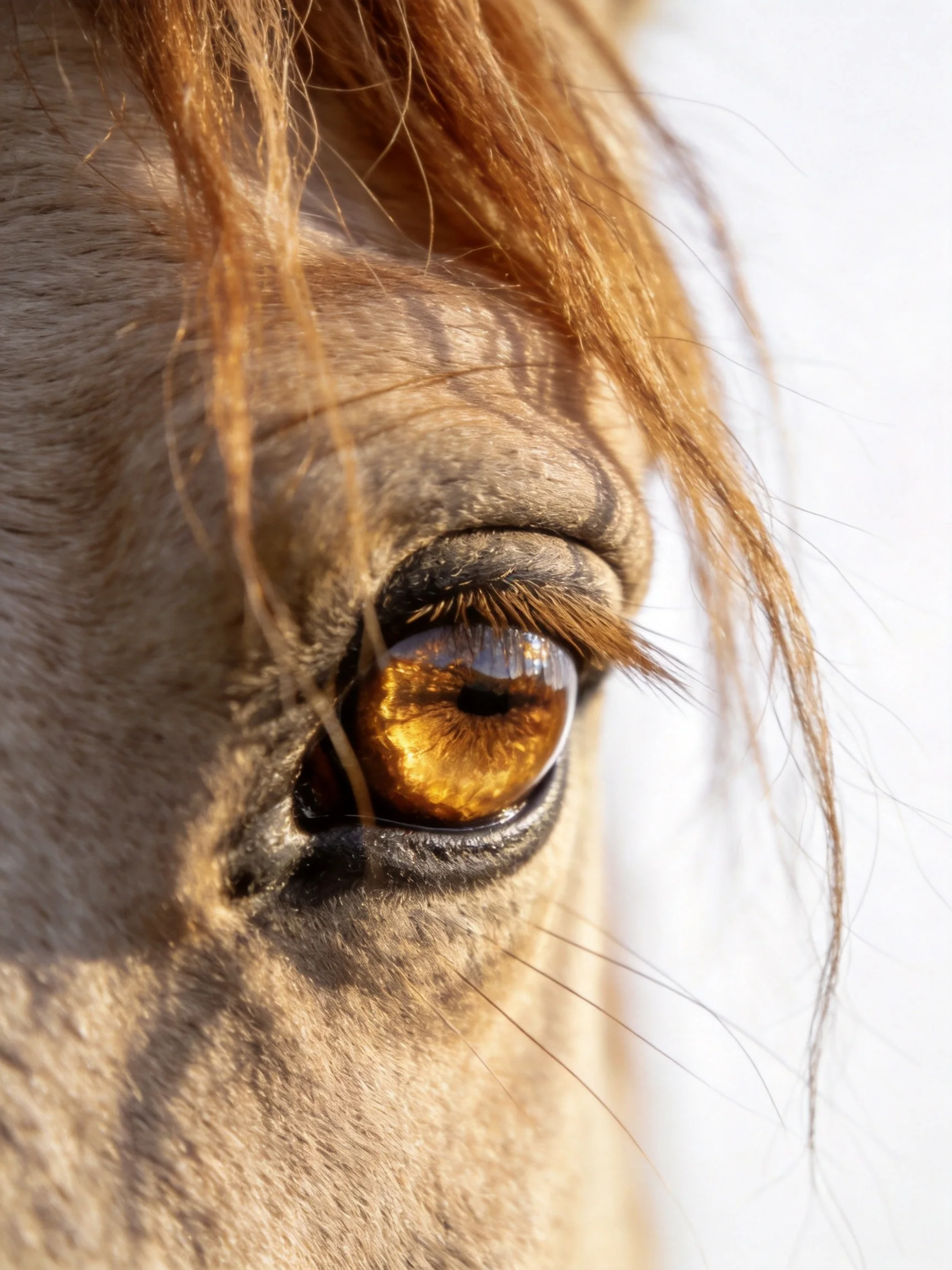 Close - up of a horse’s amber eye with light tan coat and reddish mane