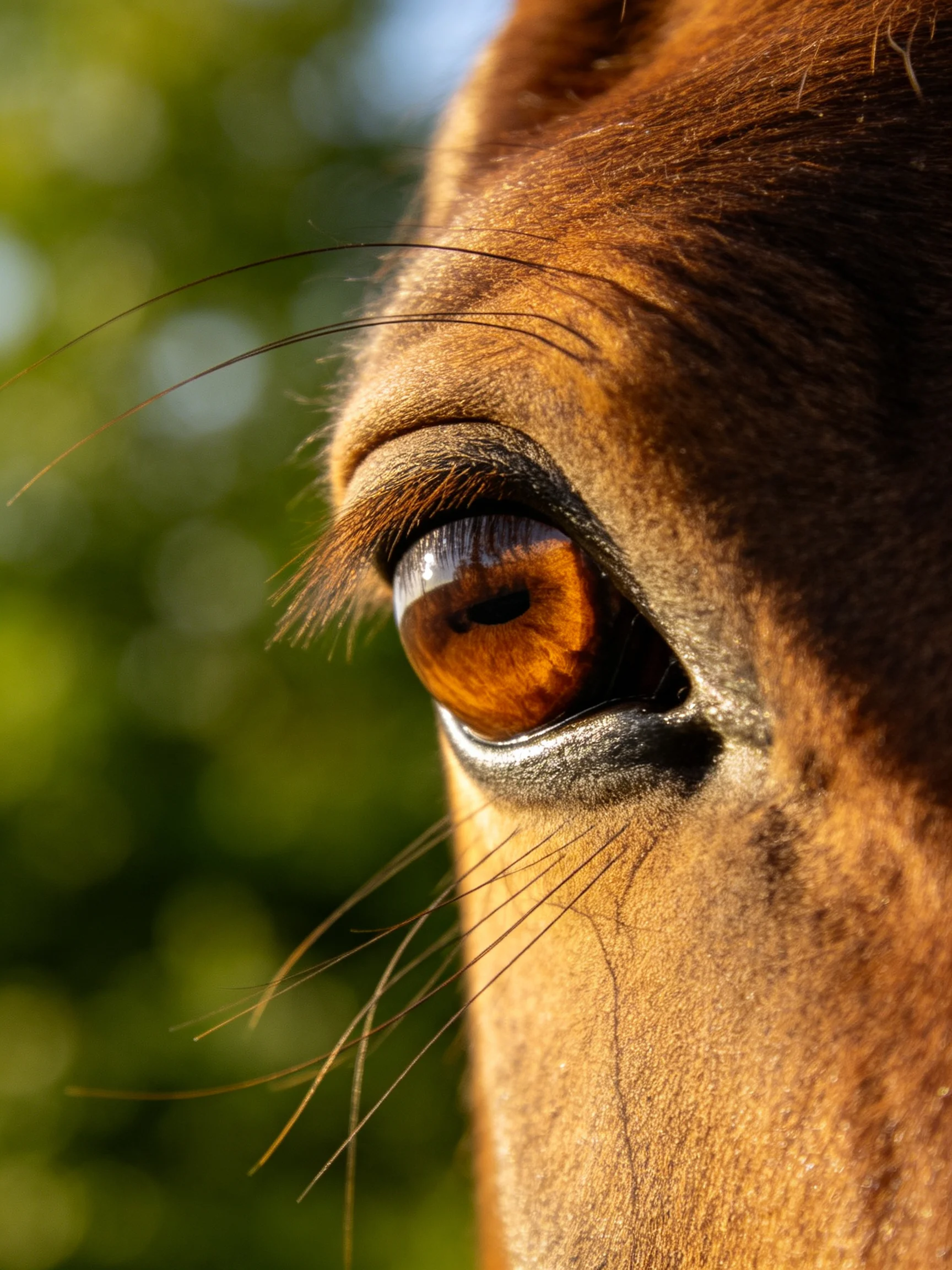 Close - up of a horse’s amber eye with long facial whiskers
