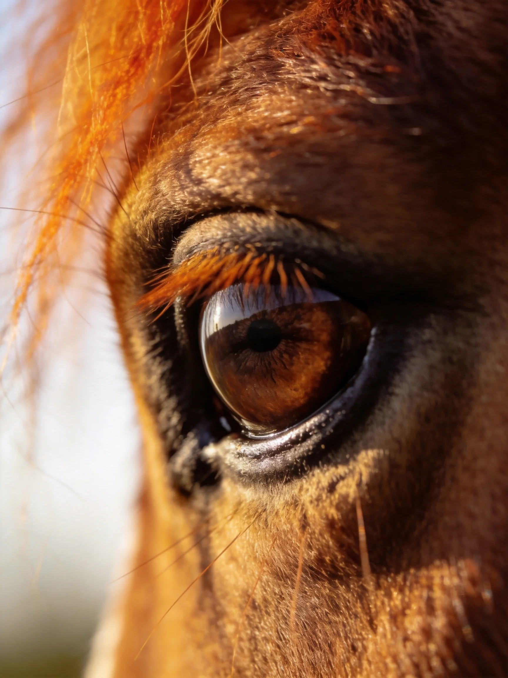 Close - up of a horse’s amber eye with reddish - brown fur