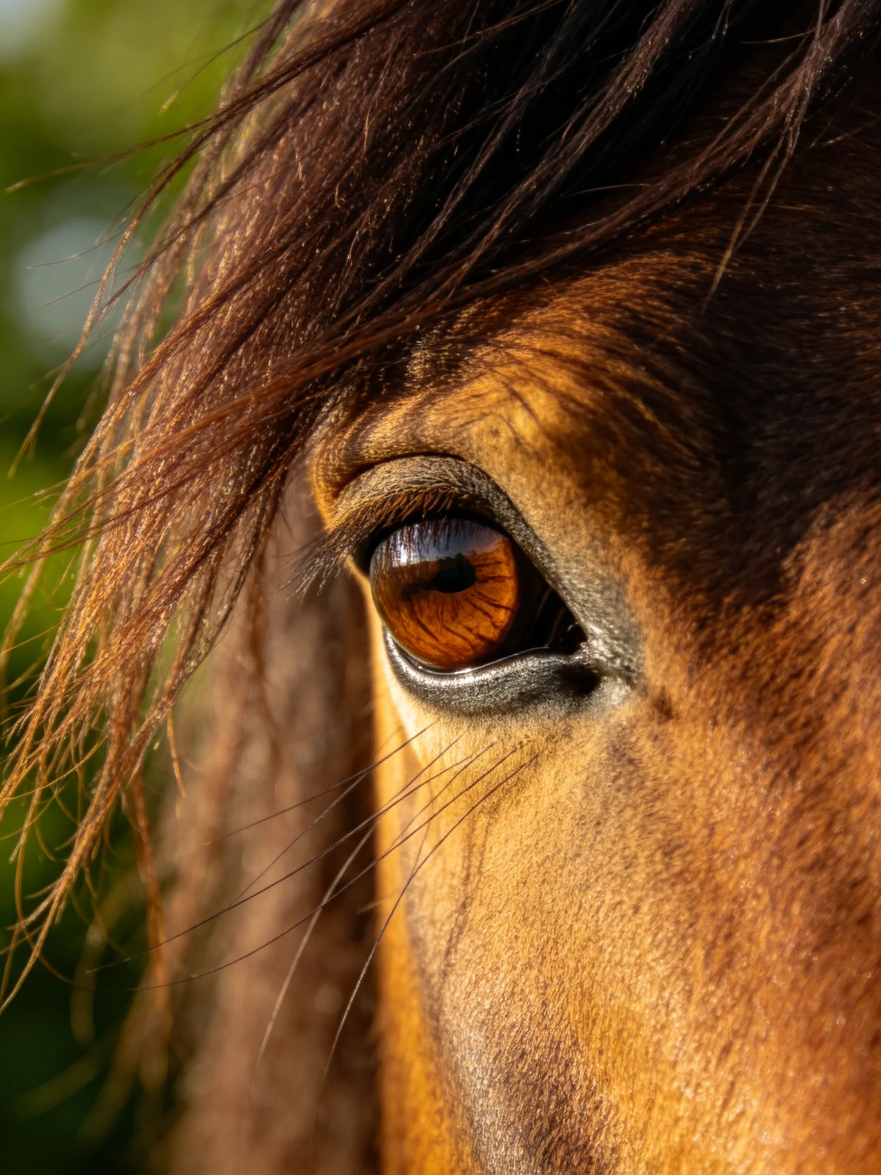 Close - up of a horse’s amber eye with rich brown mane