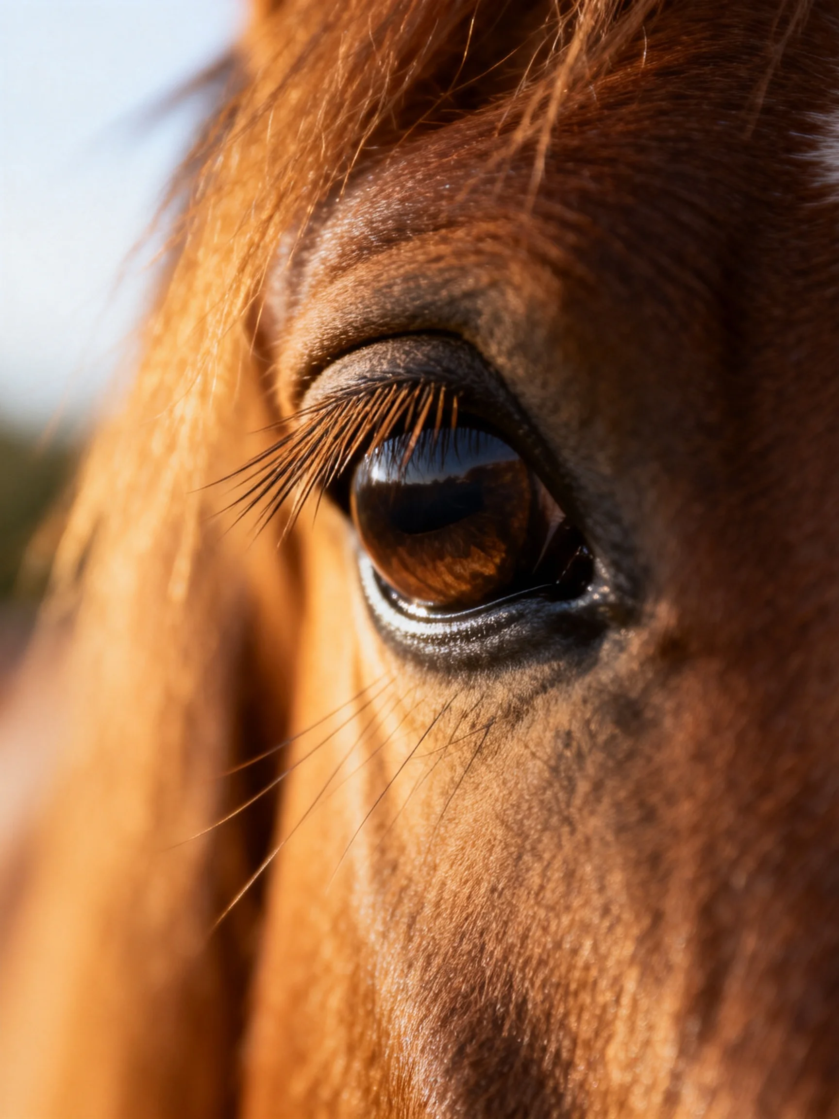 Close - up of a horse’s amber eye with textured brown fur