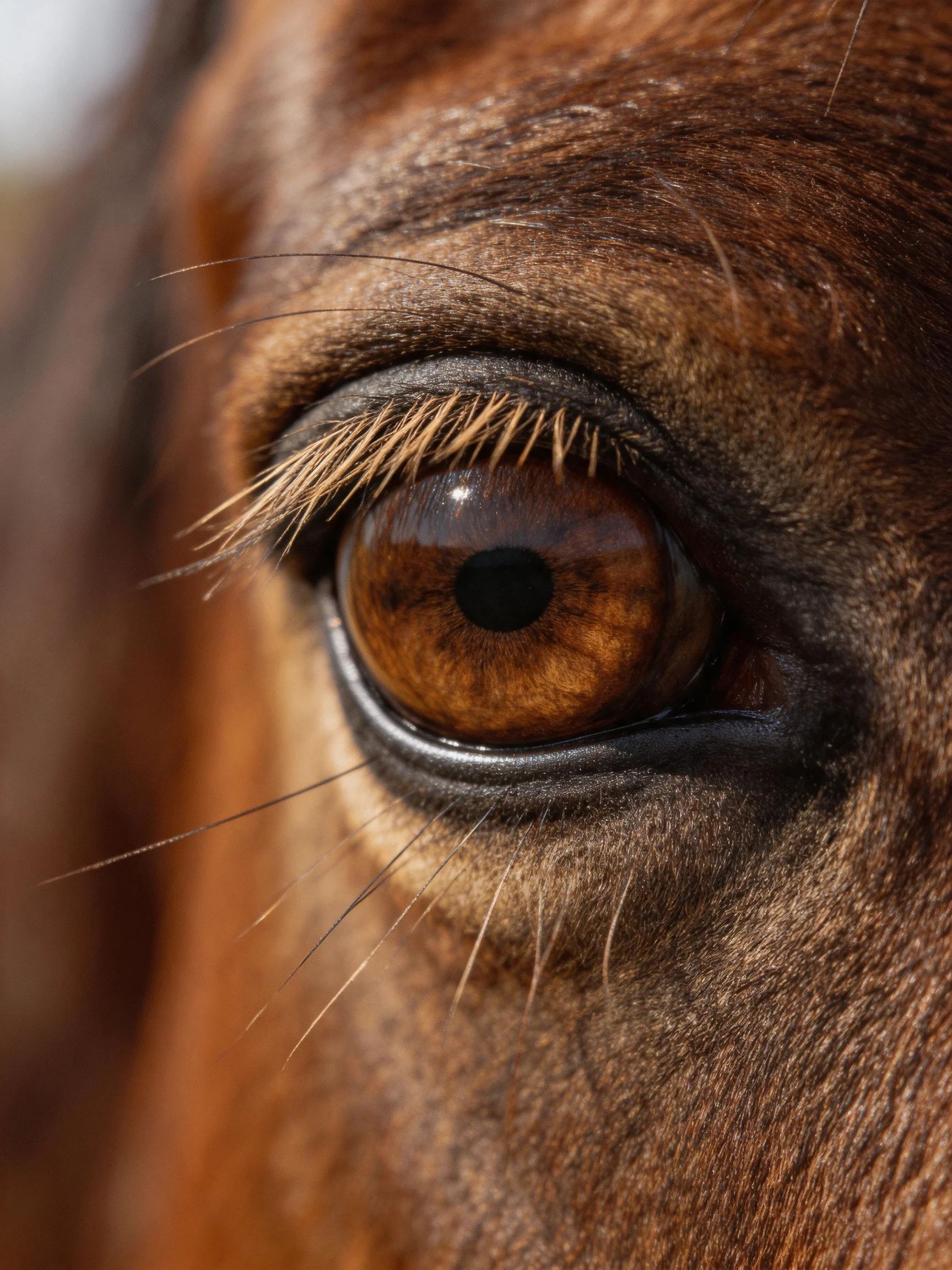 Close - up of a horse’s amber eye with textured brown fur